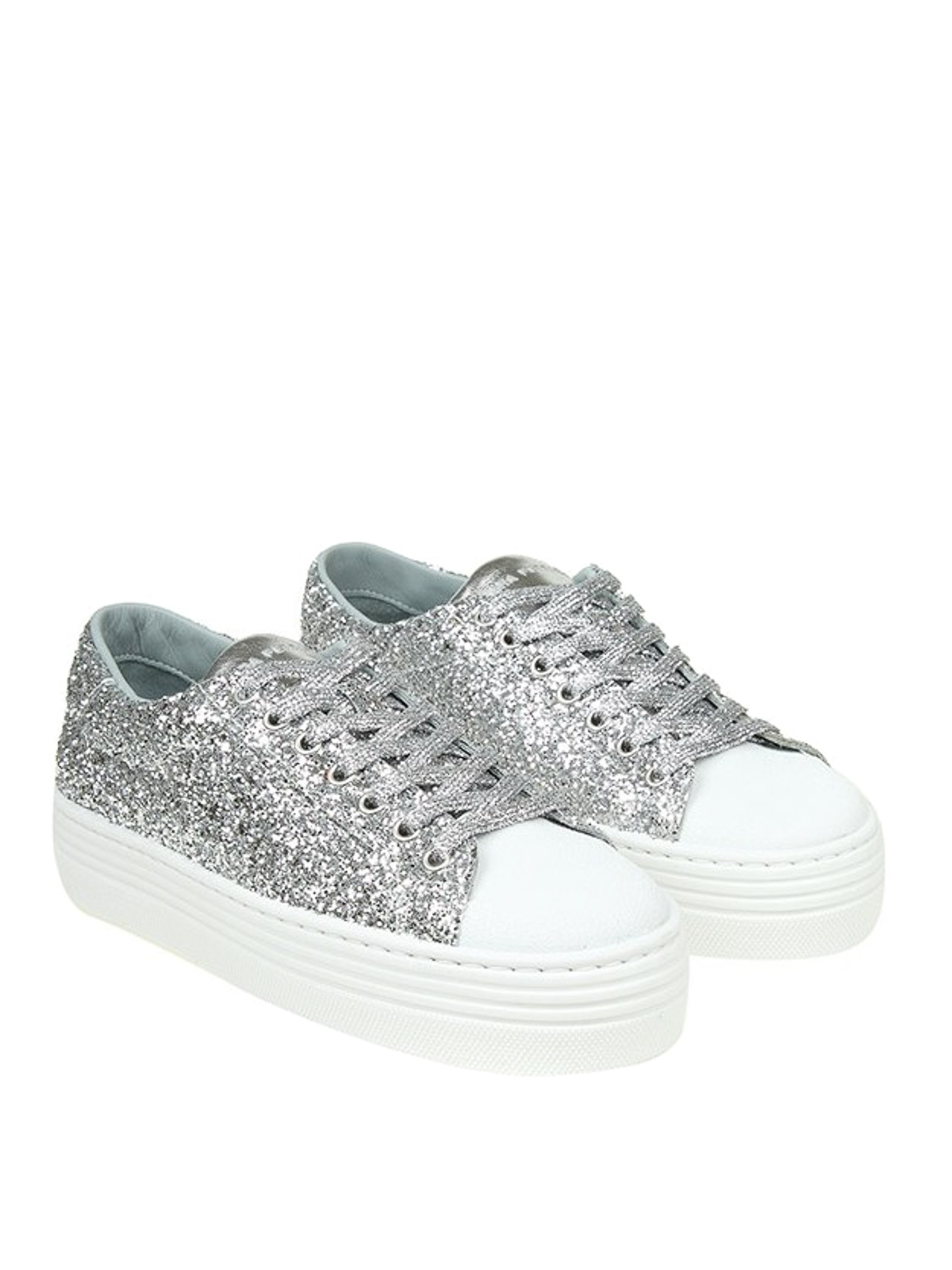 H-Brands Donna Scarpe Sneakers Sneakers con glitter Sneaker alta Chiara Ferragni in pelle bianca e glitter argento 