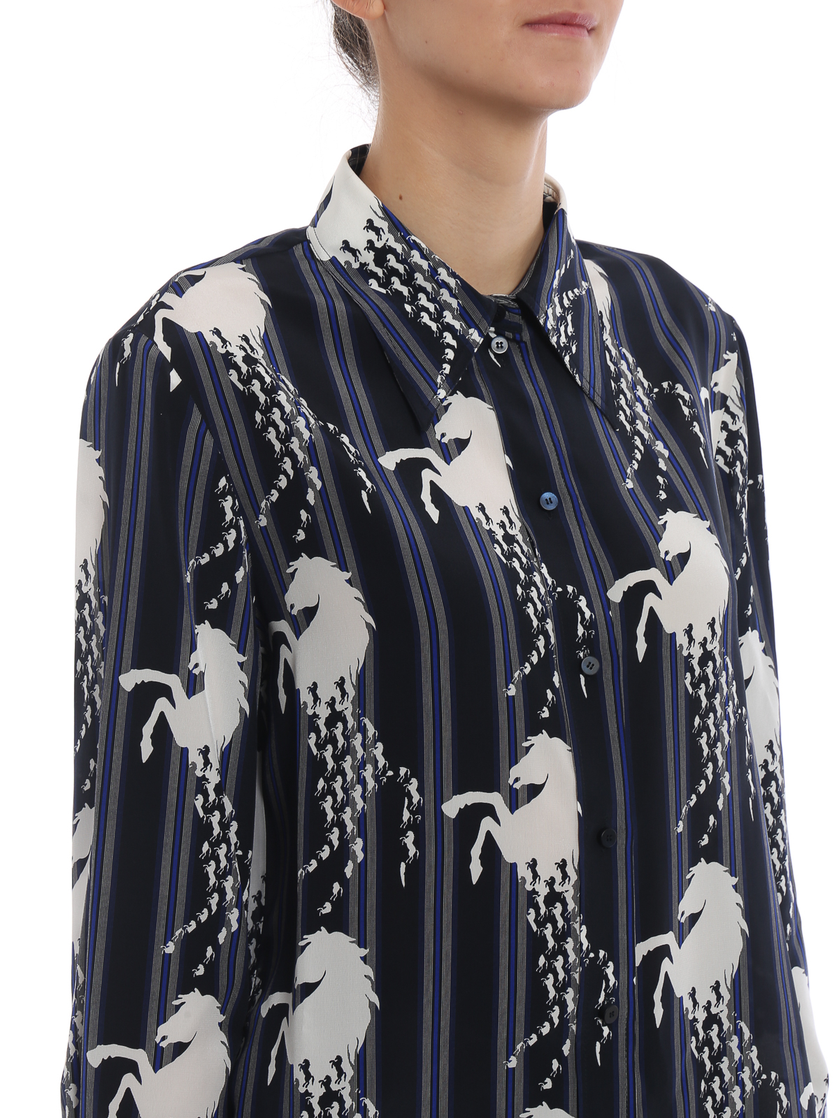 Shirts Chloe' - Blue silk striped and horse printed shirt 