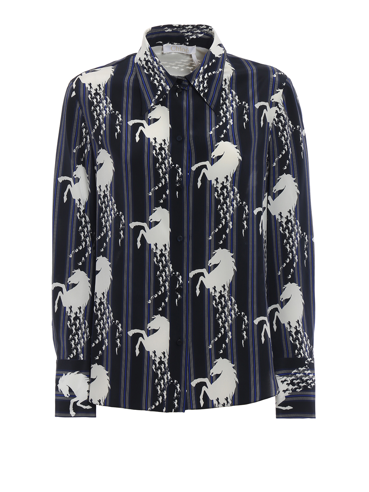 Shirts Chloe' - Blue silk striped and horse printed shirt ...