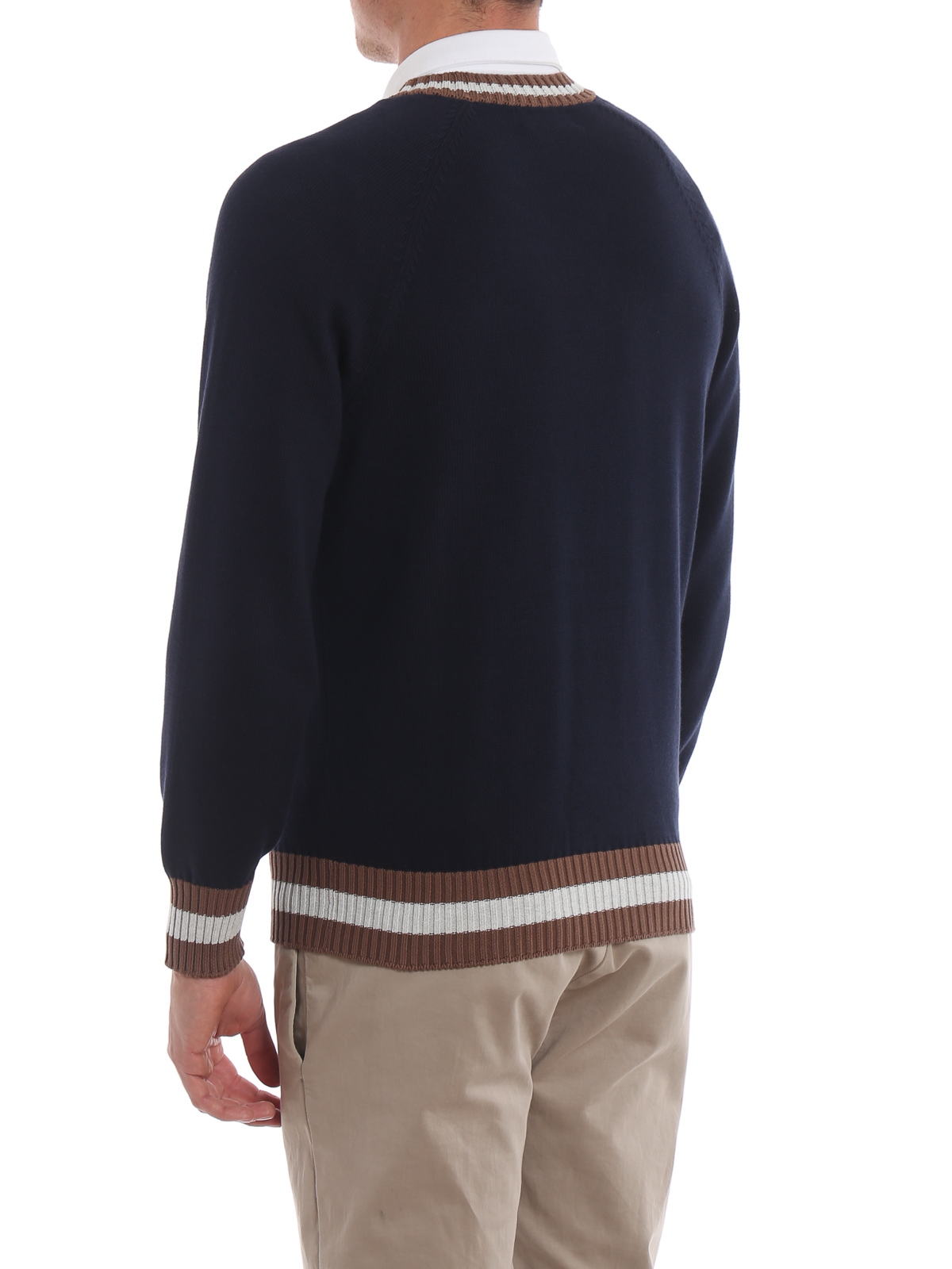 V necks Brunello Cucinelli - Cotton sweater with striped edges 