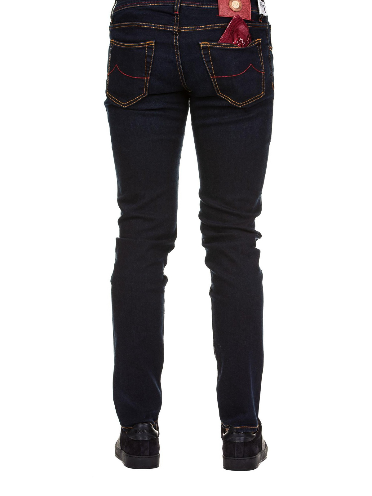 black jeans with red stitching