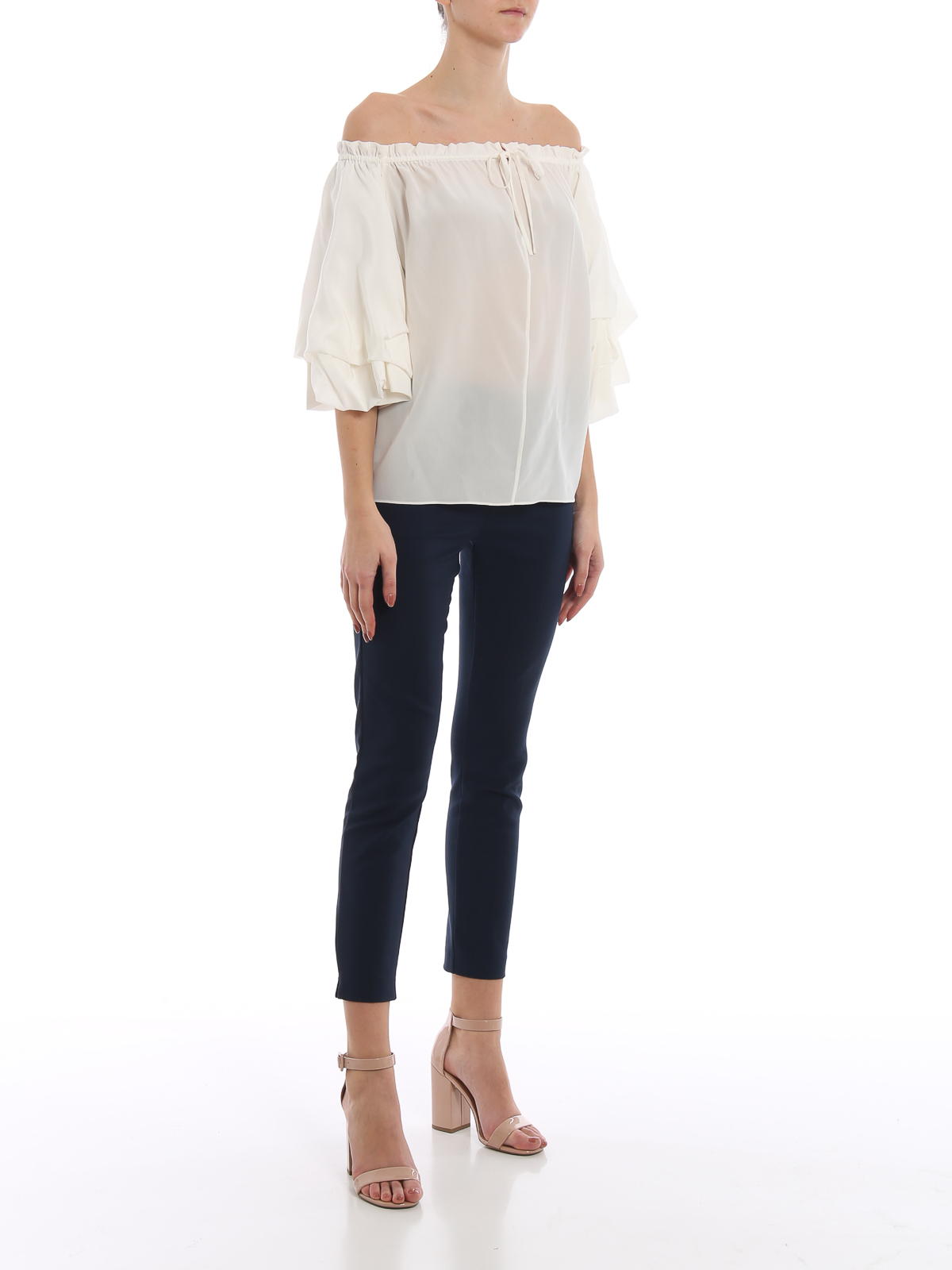 white silk off the shoulder blouse