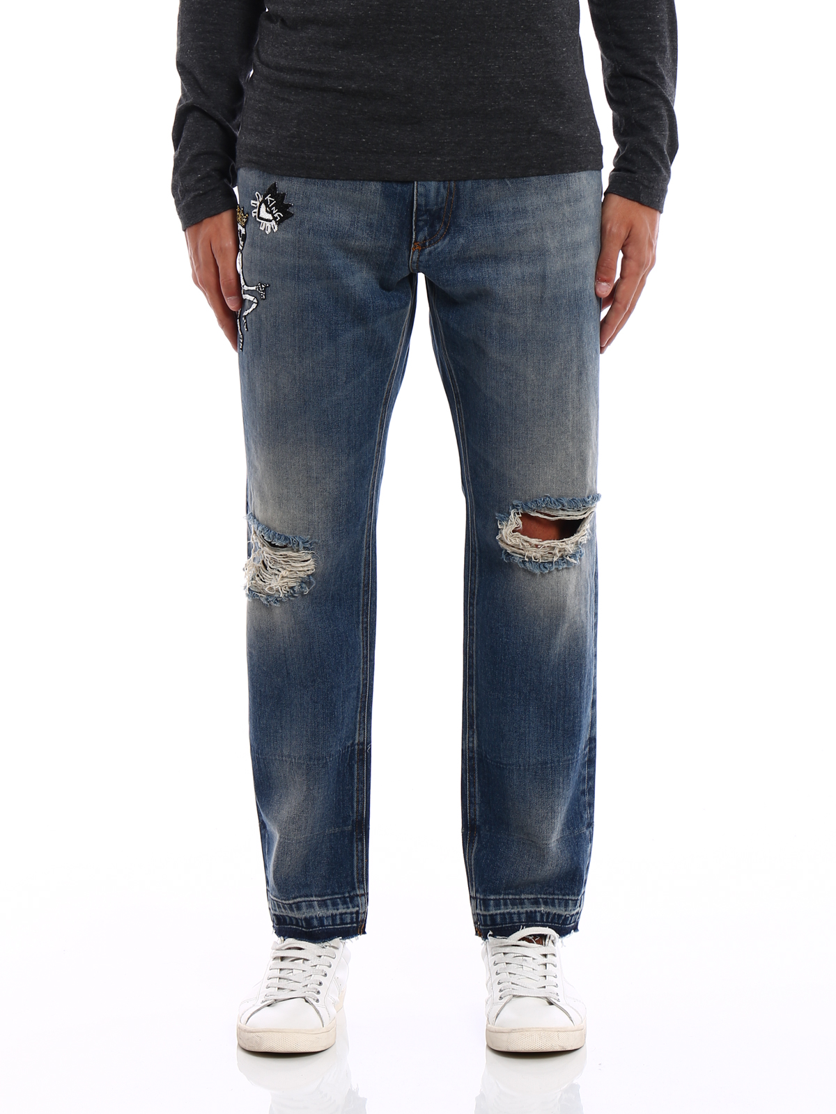 Straight leg jeans Dolce & Gabbana - Embroidered skull ripped jeans -  GY70CZG8V47S9001