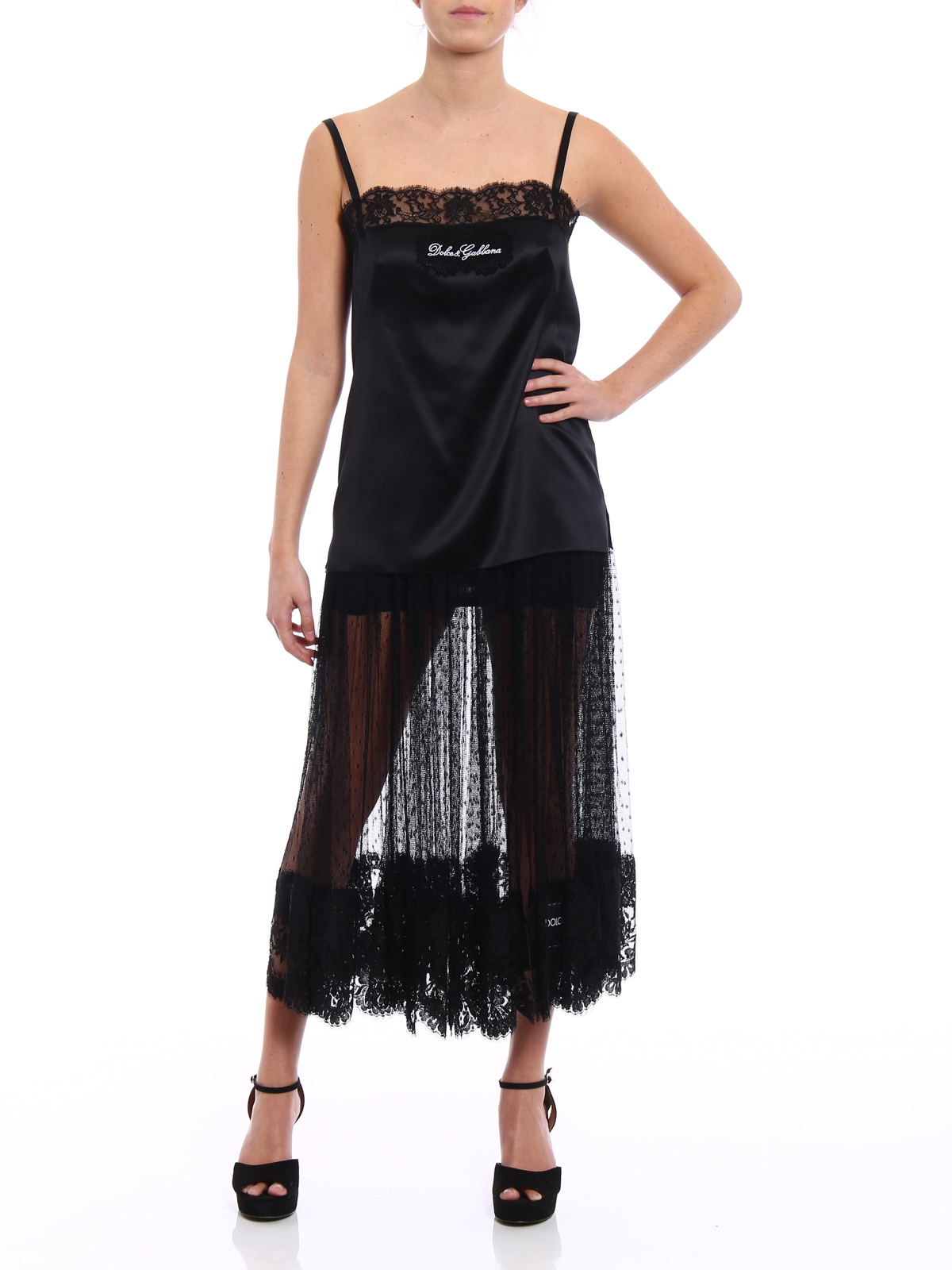 تاپ Dolce u0026 Gabbana - Lace trimmed stretch silk satin top - F71K3TFURAGN0000