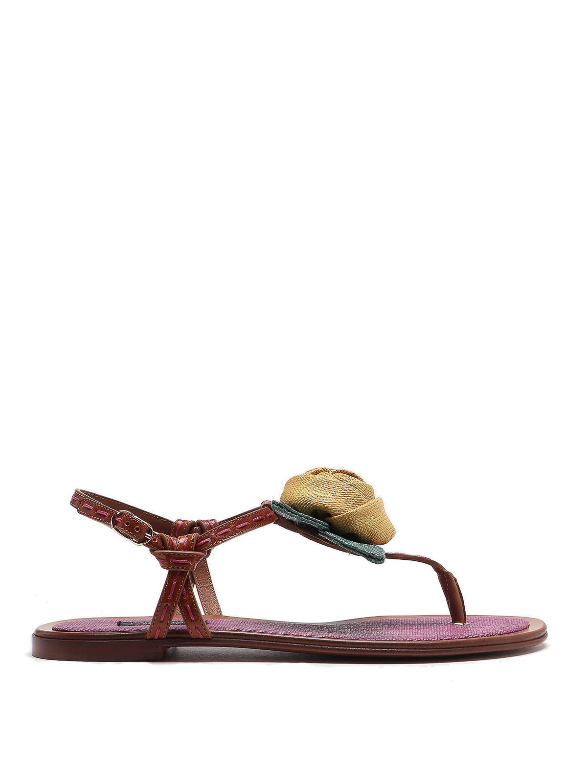 DOLCE & GABBANA FLOWER DETAIL LEATHER THONG SANDALS
