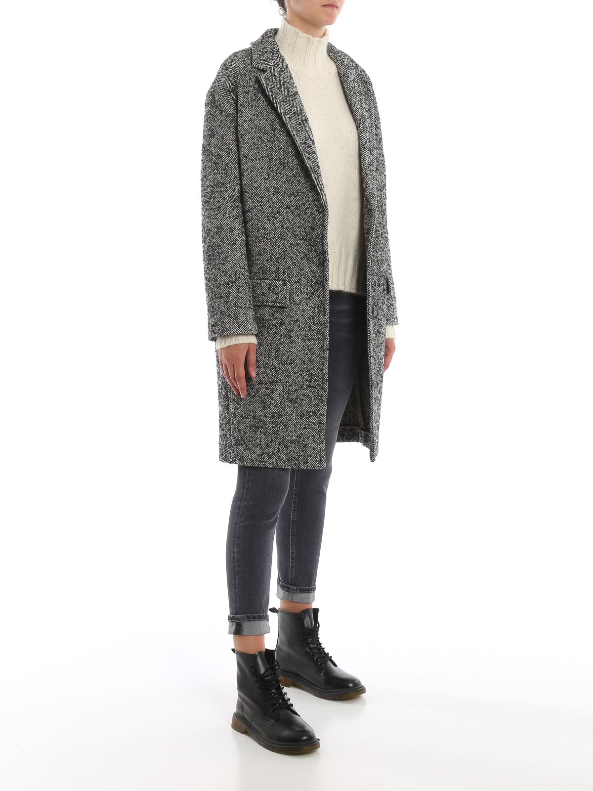 Dondup Herringbone Merino Wool Coat Knee Length Coats