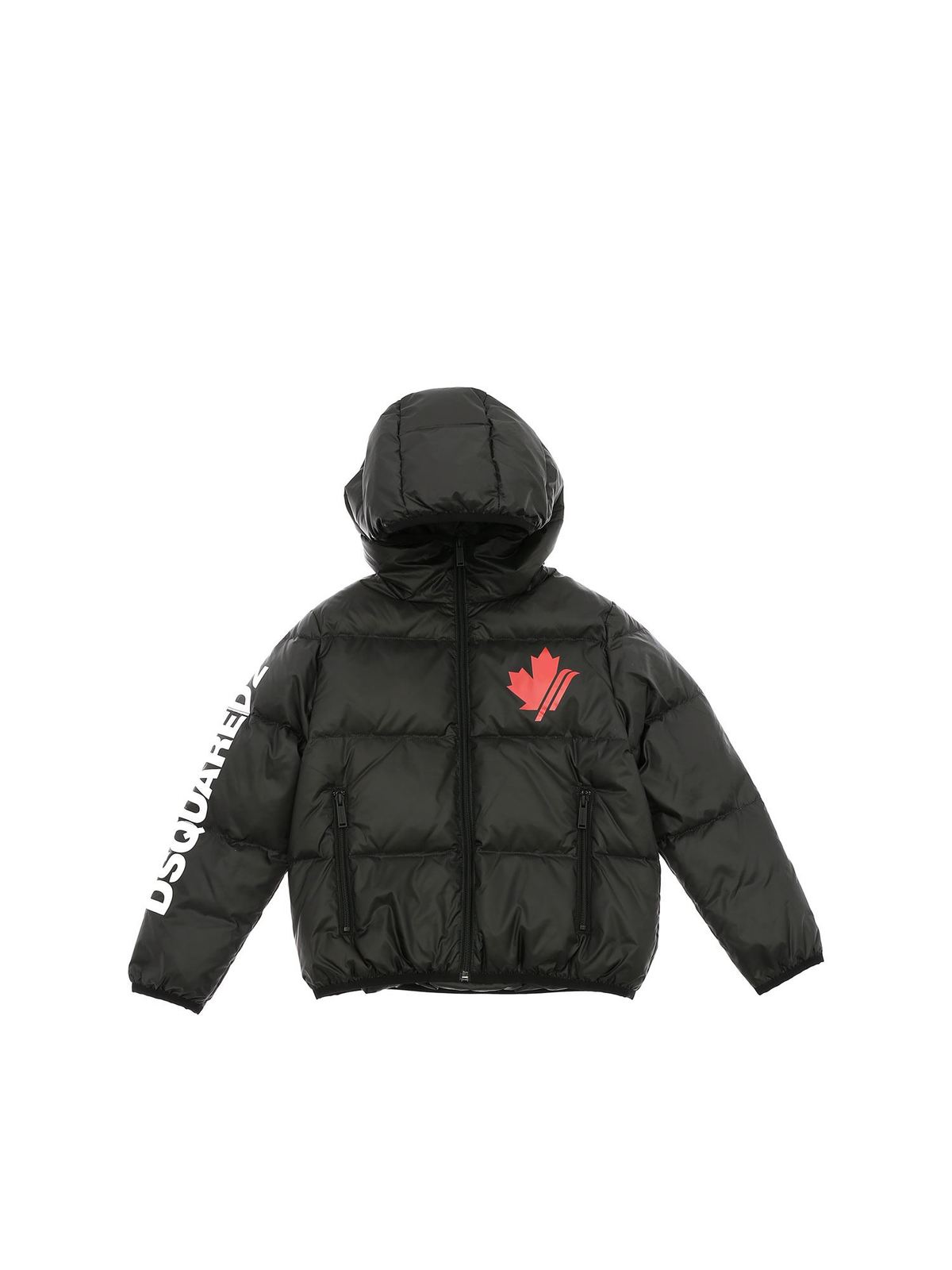DSQUARED2 BLACK DOWN JACKET WITH RED LOGO PRINT