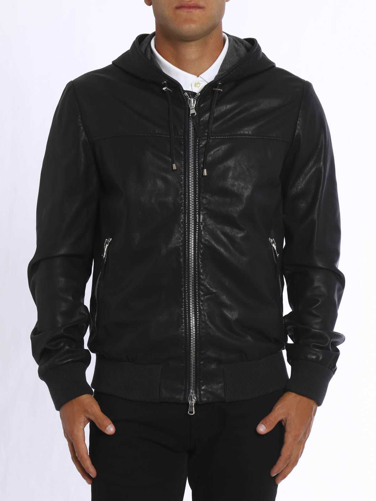 Leather jacket Eleventy - Hooded leather bomber jacket ...