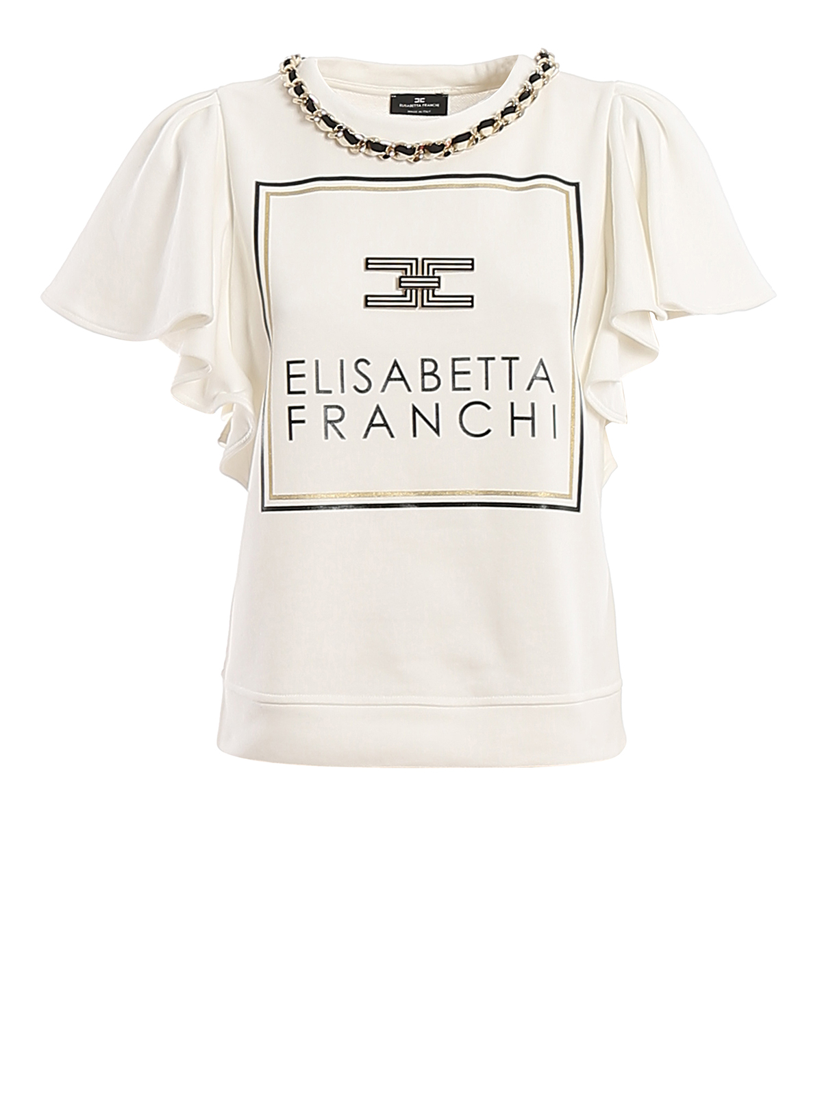 Elisabetta Franchi - Ruffle detail logo print cotton T-shirt - t-shirts -  MD02601E2360