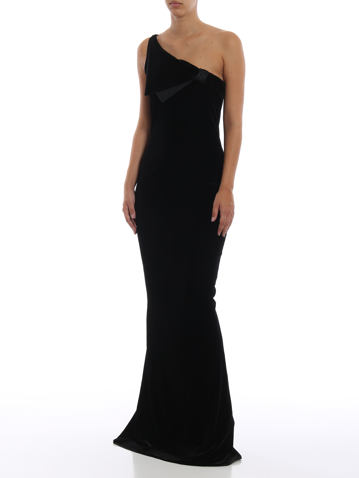 One shoulder black velvet fitted gown 