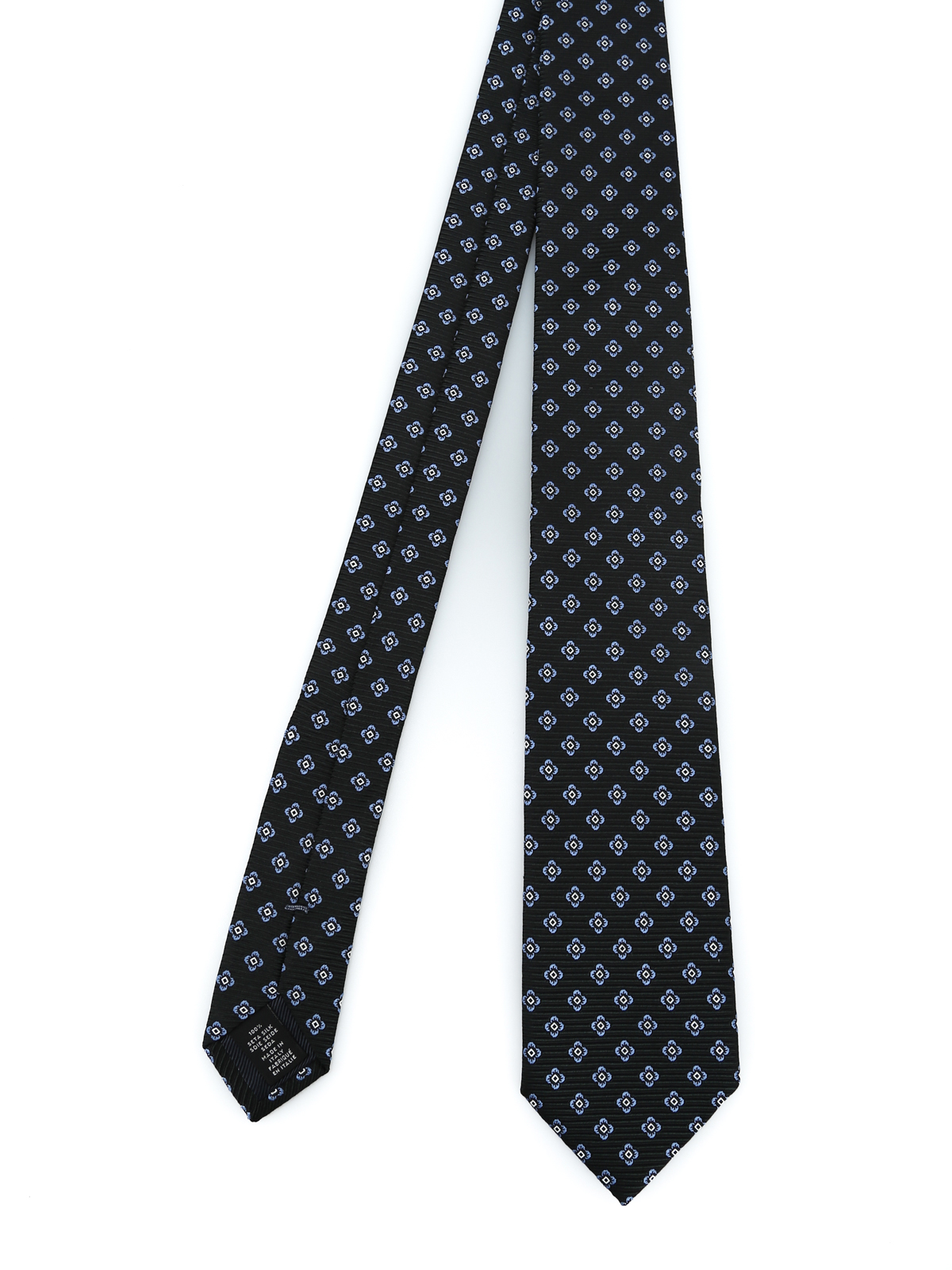Geometric flower patterned black silk tie