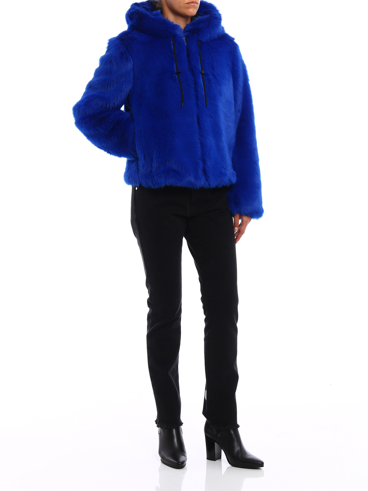 blue faux fur hooded jacket