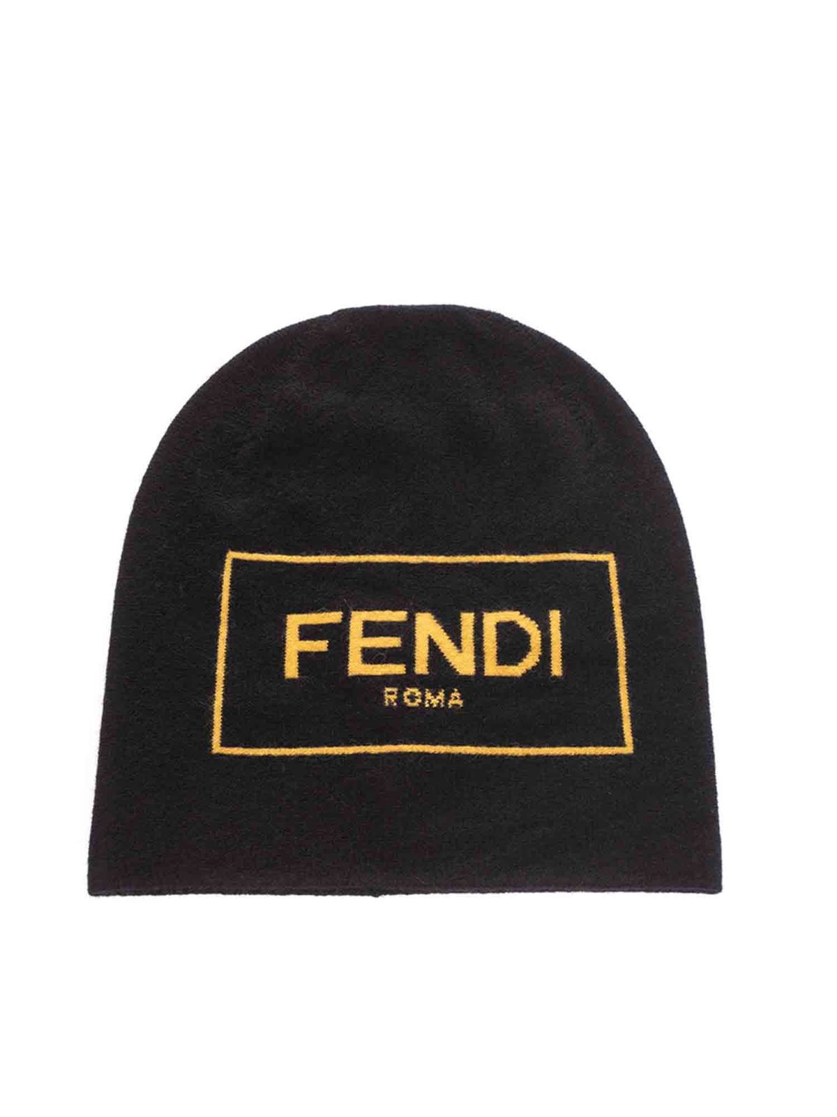 Fendi - Black wool cashmere blend beanie with inlay - beanies ...