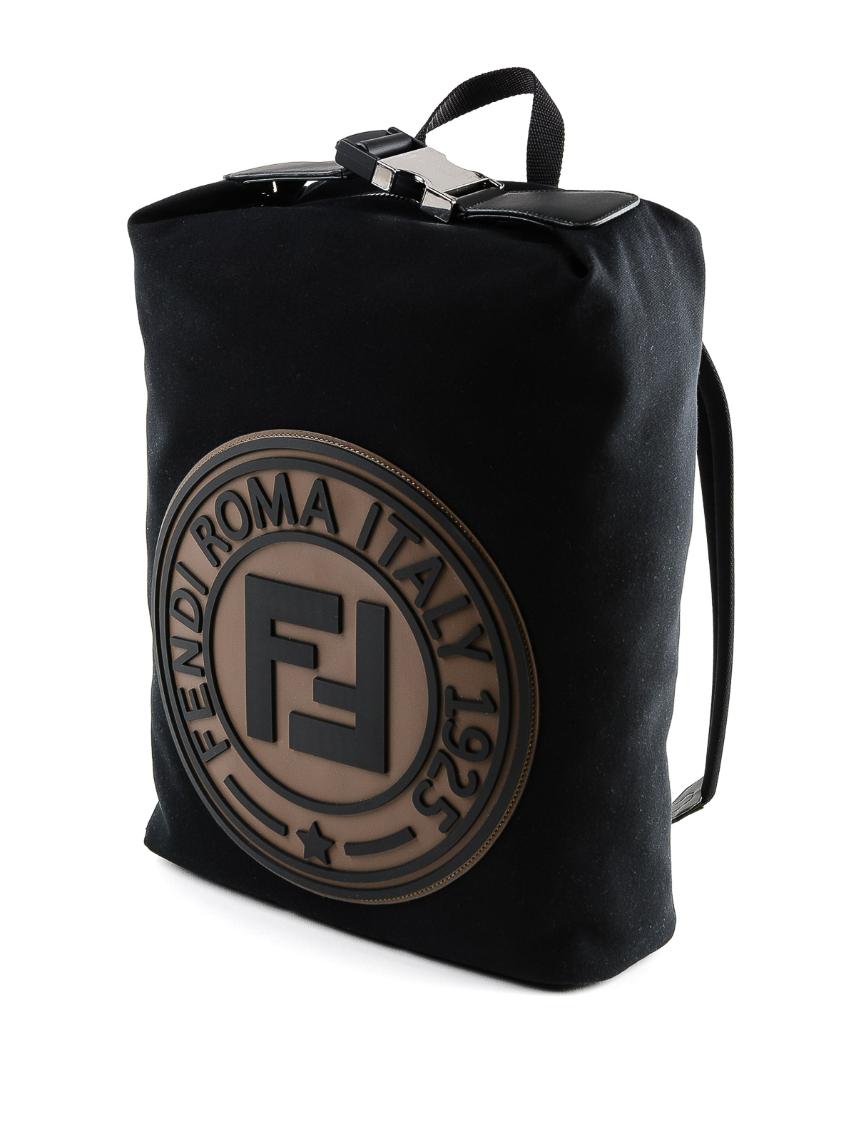 Front rubber logo black canvas backpack 