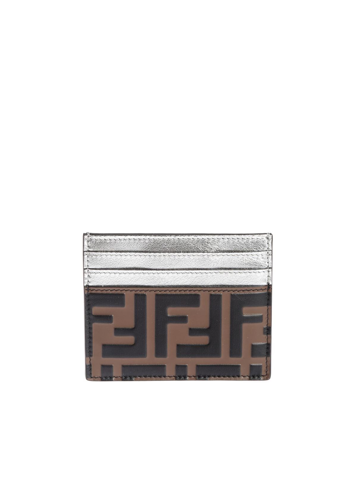 FENDI FF MOTIF CARD HOLDER IN BROWN AND SILVER