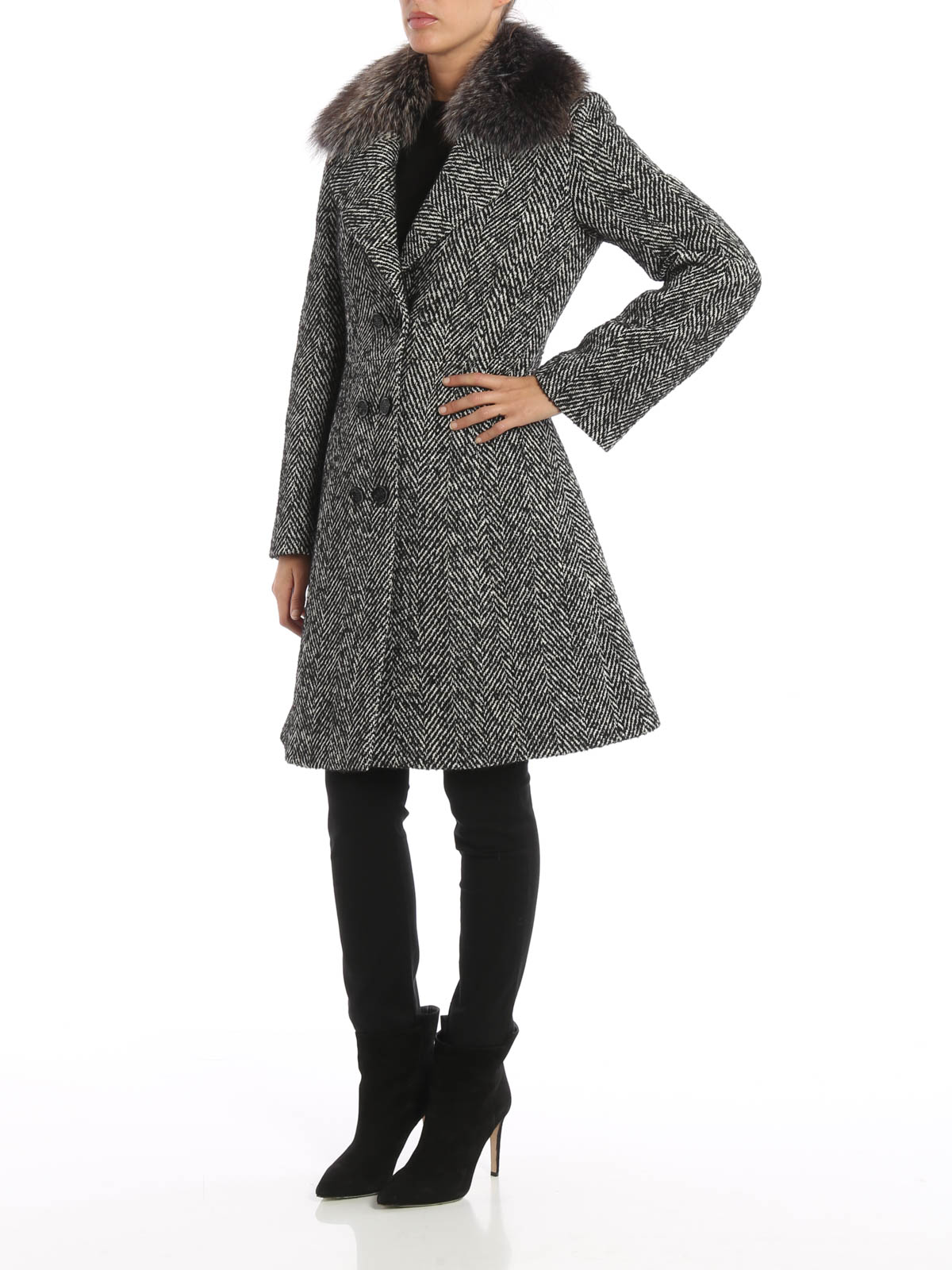 Knee length coats Blumarine Fur collar detail herringbone coat 7311250