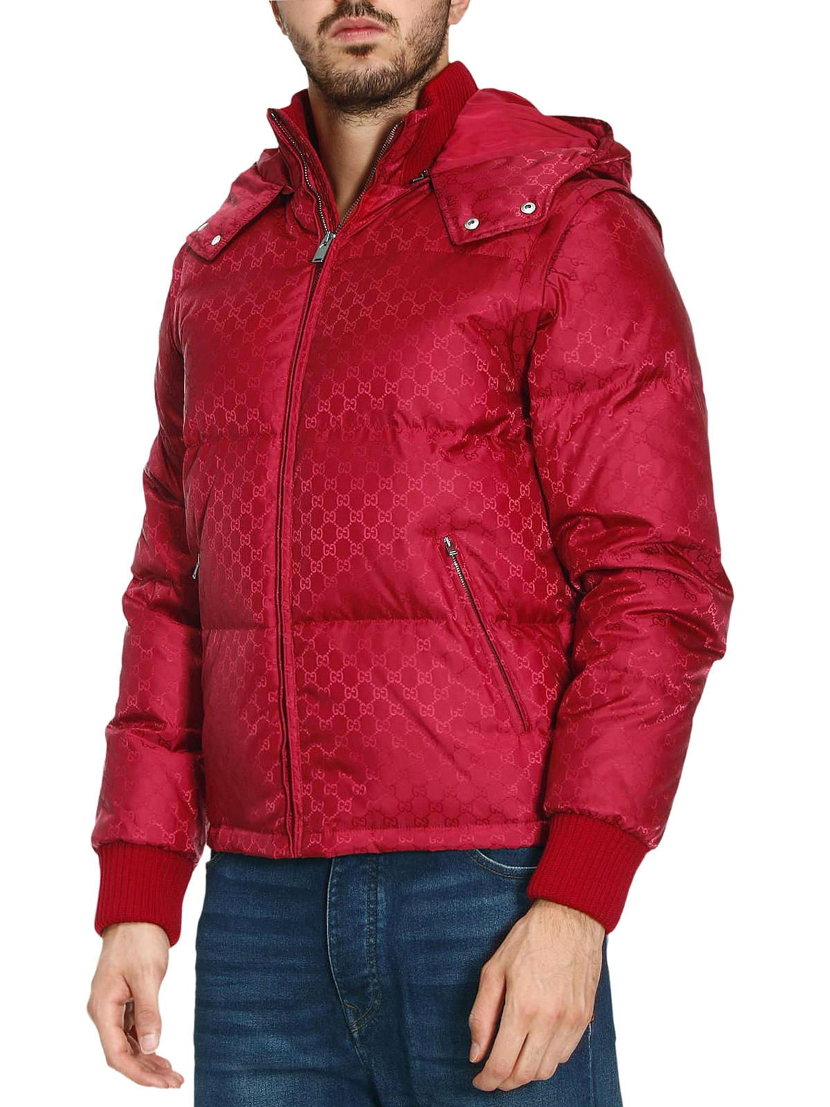 GG jacquard red nylon puffer jacket 