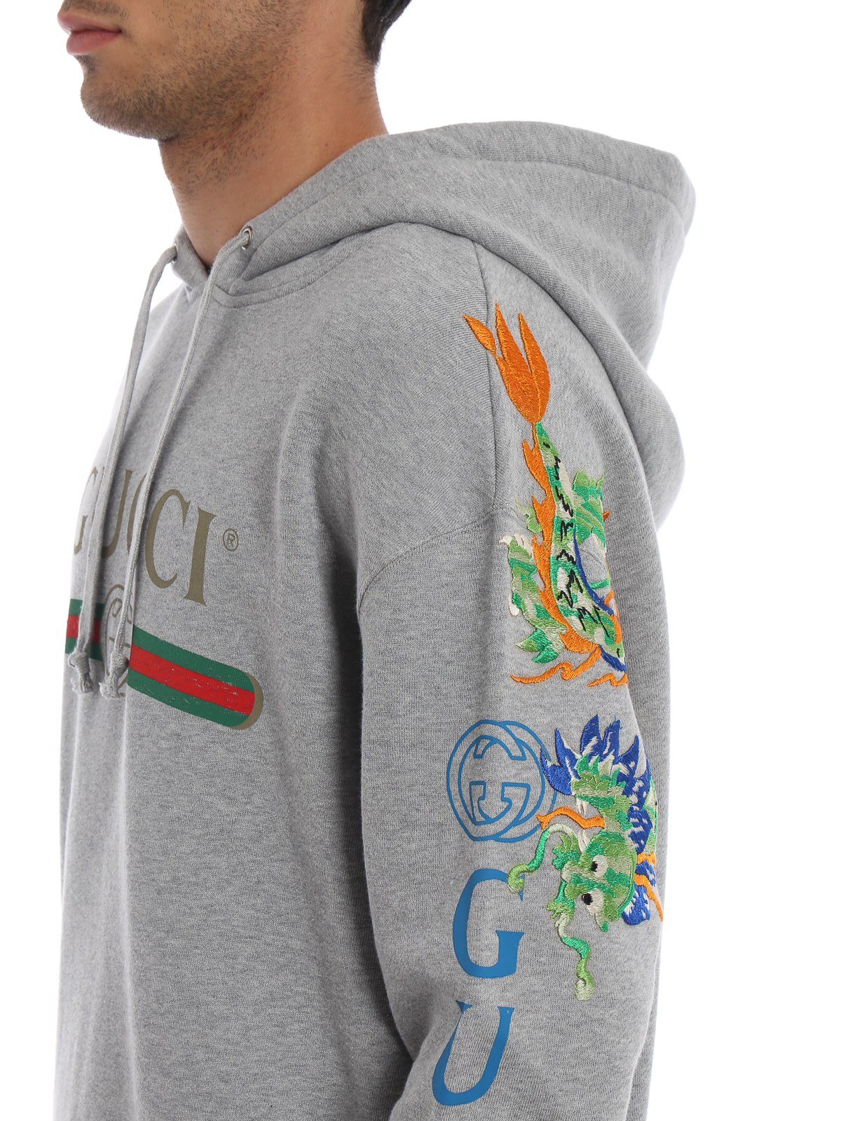 Embroidered dragon grey cotton hoodie 