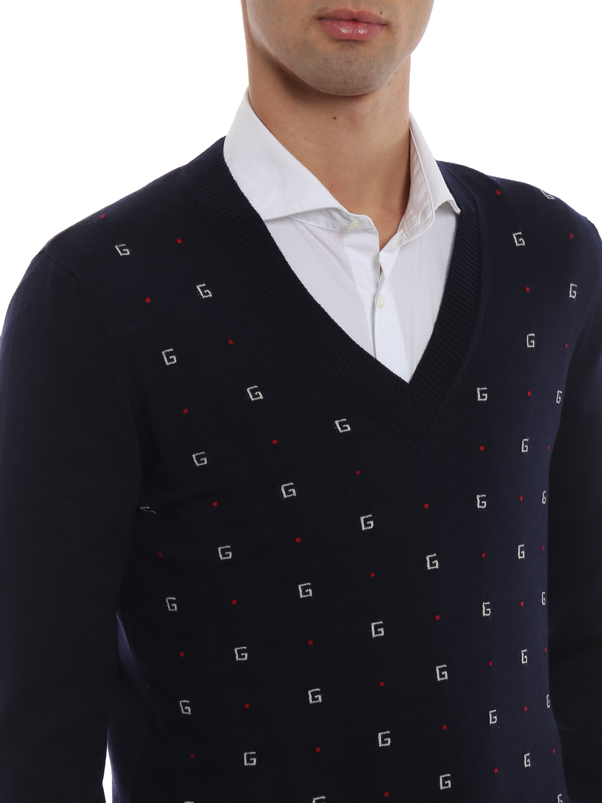 Gucci G Intarsia Navy Blue Wool Sweater یقه هفت xkabl4696