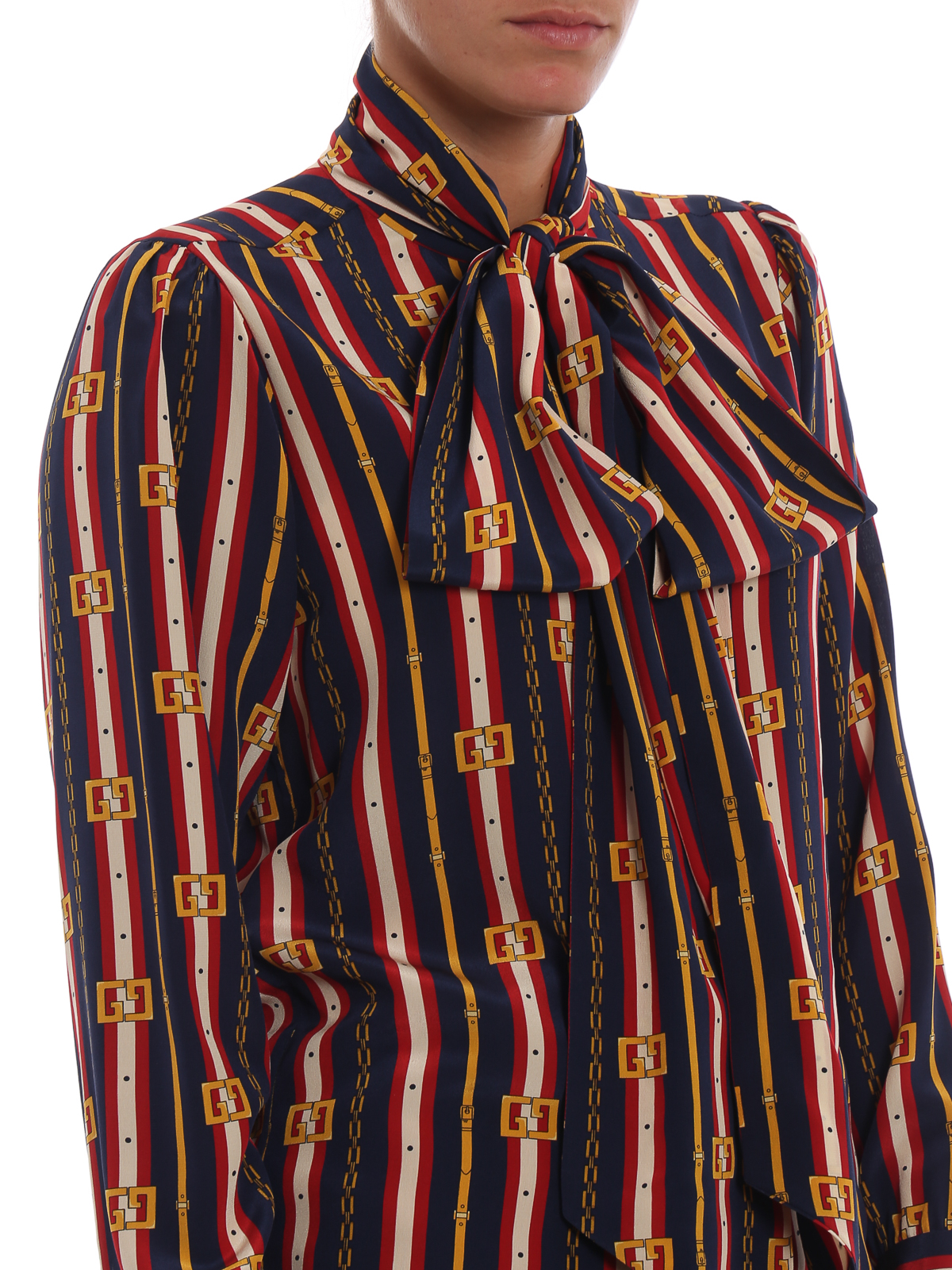 Shirts Gucci - GG stripe and chain bow collar silk shirt - 467085ZLP924006