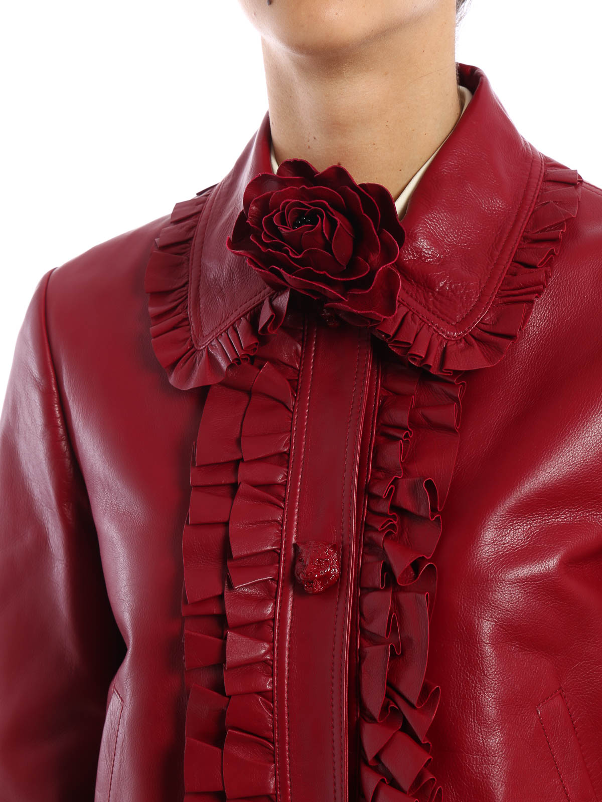 leather jacket with ruffle detail