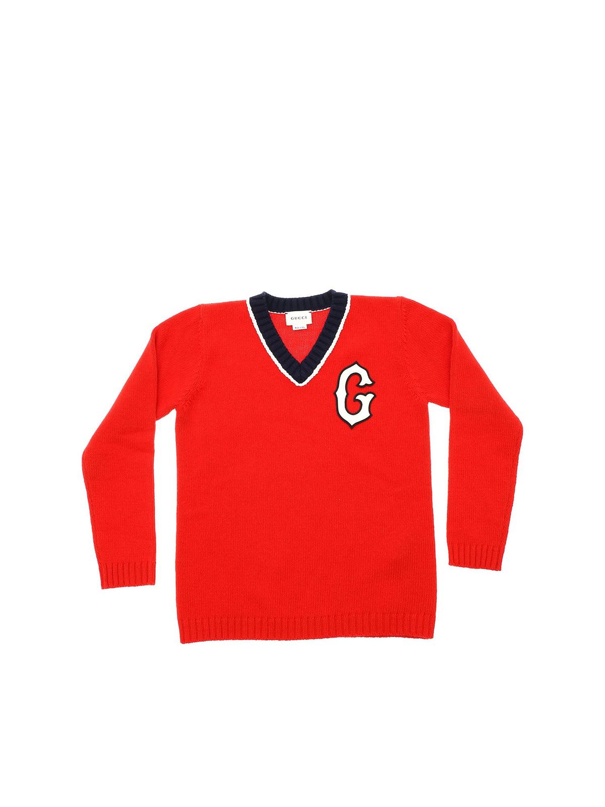GUCCI RED V-NECK PULLOVER WITH WHITE G