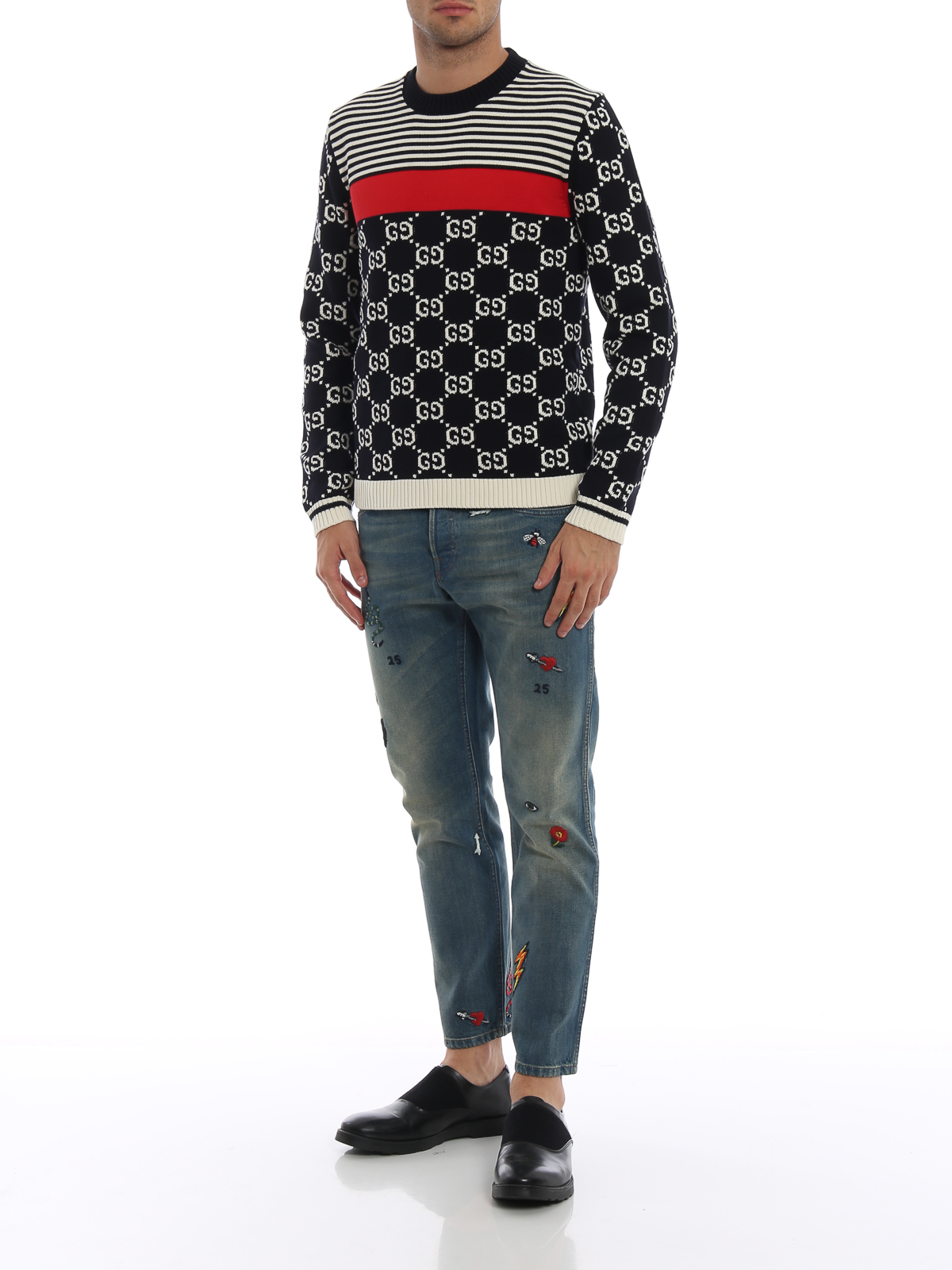 GG and stripes knitted cotton crewneck 