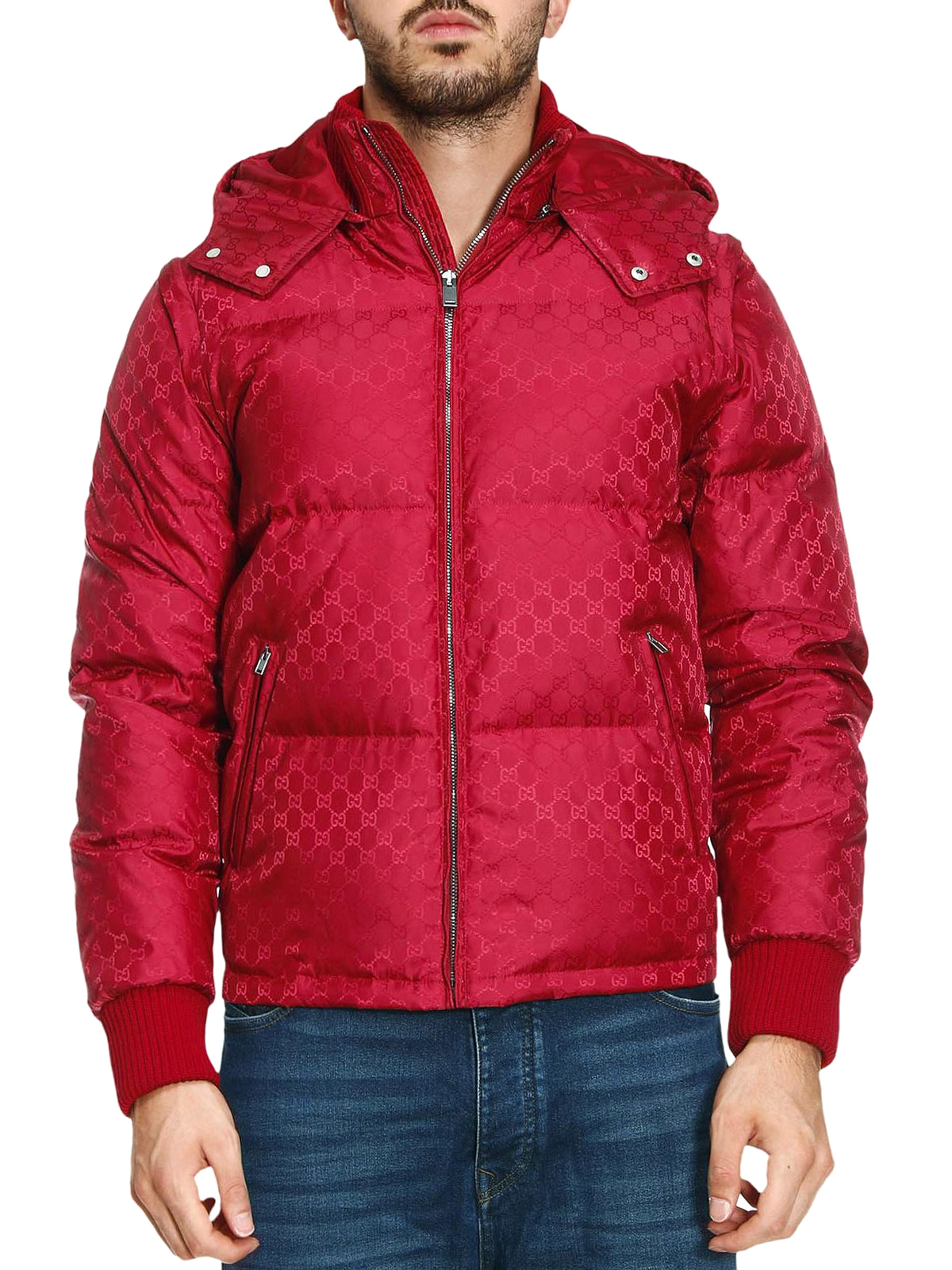 GG jacquard red nylon puffer jacket 
