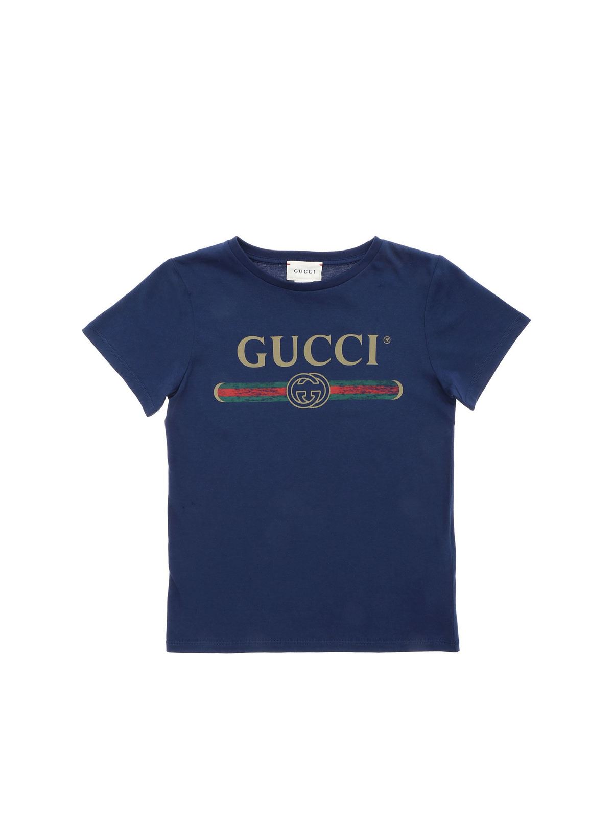 GUCCI BLUE T-SHIRT WITH CONTRASTING LOGO PRINT