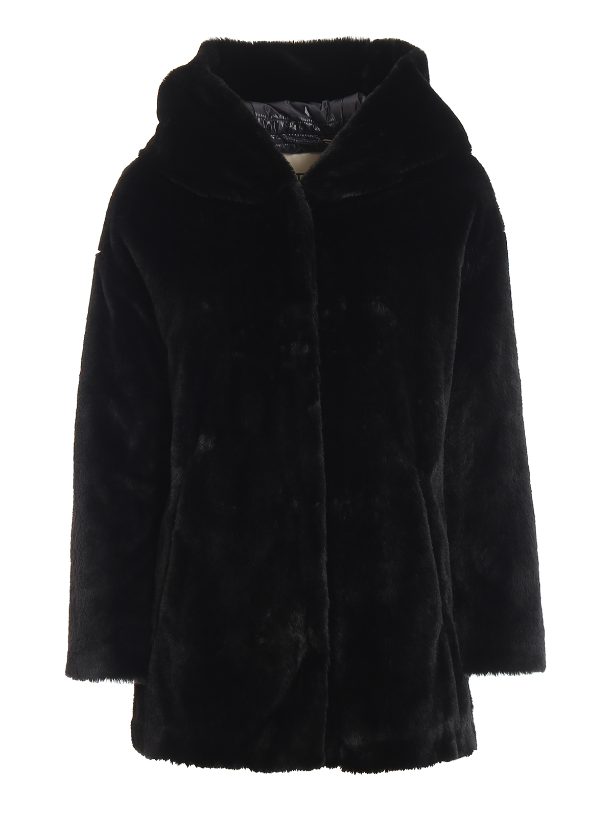 Herno Black Hooded Faux Fur Coat