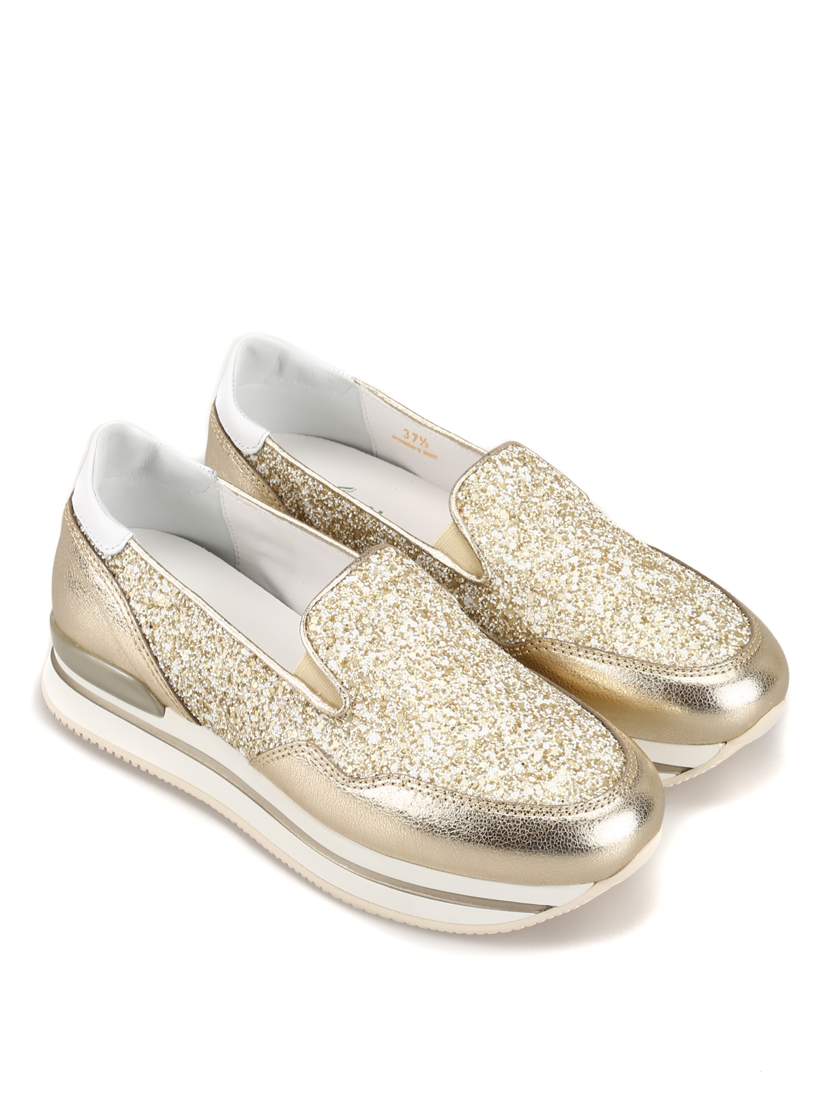 Trainers Hogan - H222 gold leather and glitter slip-ons ...