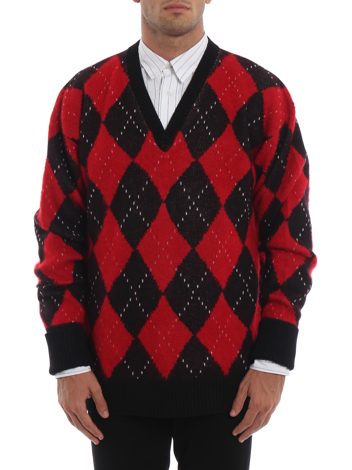 black and red argyle sweater