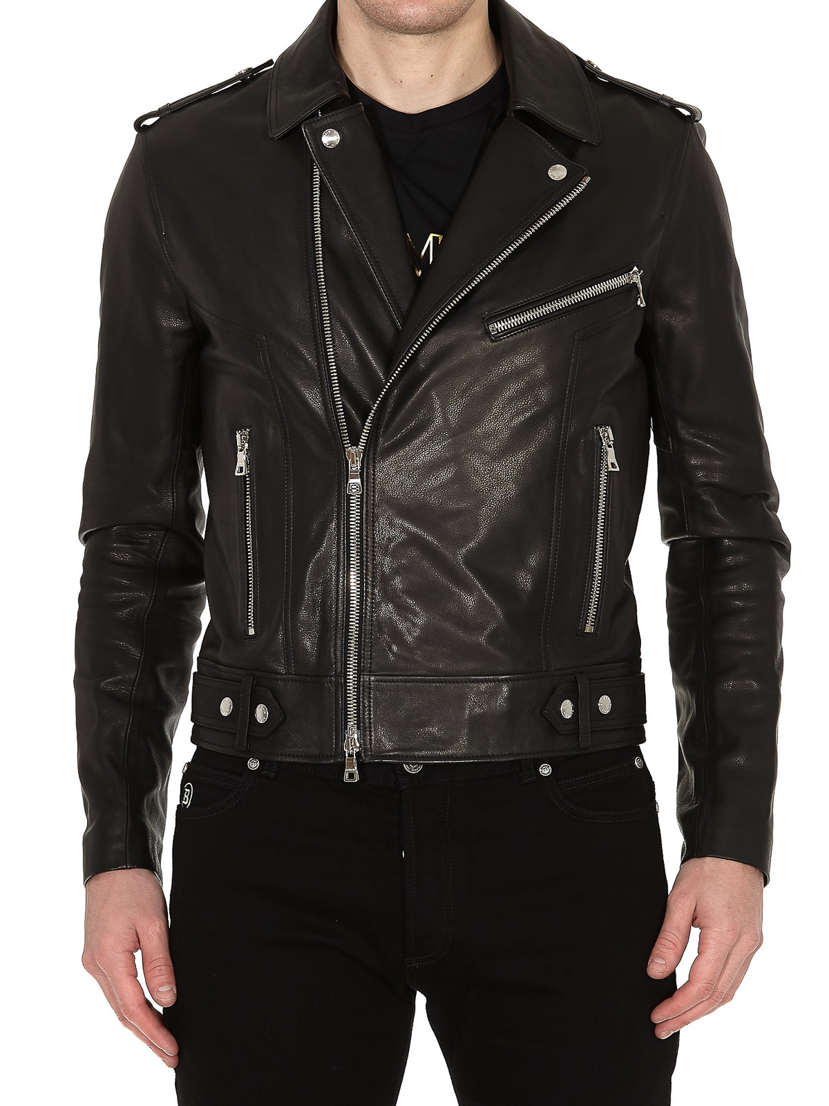 Leather jacket Balmain - Balmain Paris print leather jacket ...