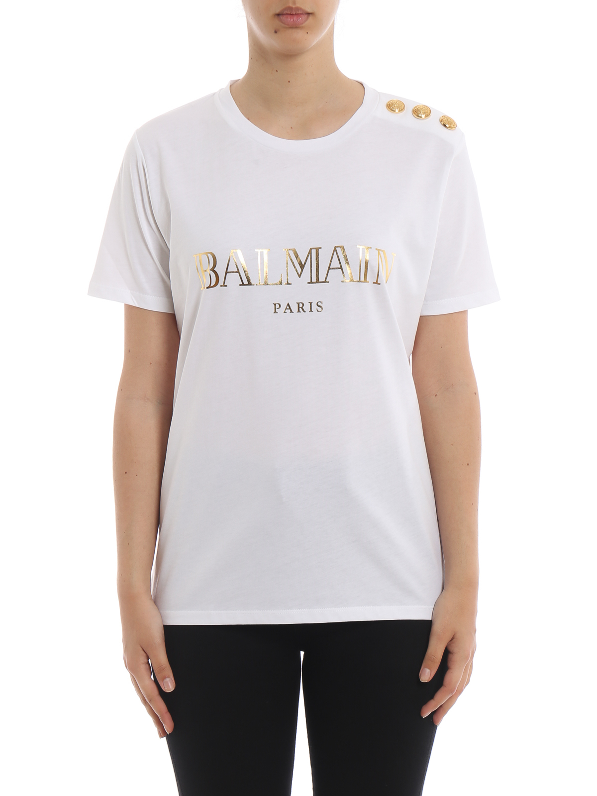 T-shirts Balmain - Gold logo white cotton T-shirt - RF01322I170GAD