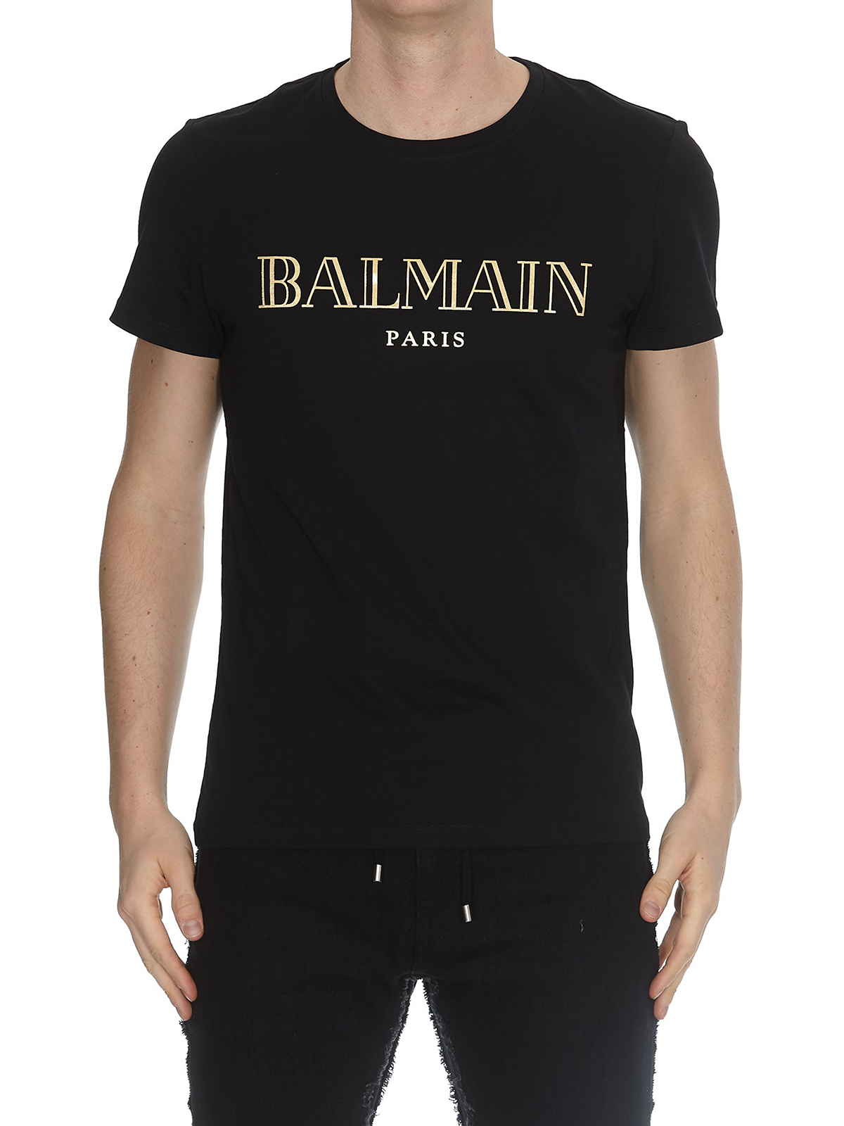 T-shirts Balmain - Gold-tone logo print short sleeve black Tee ...