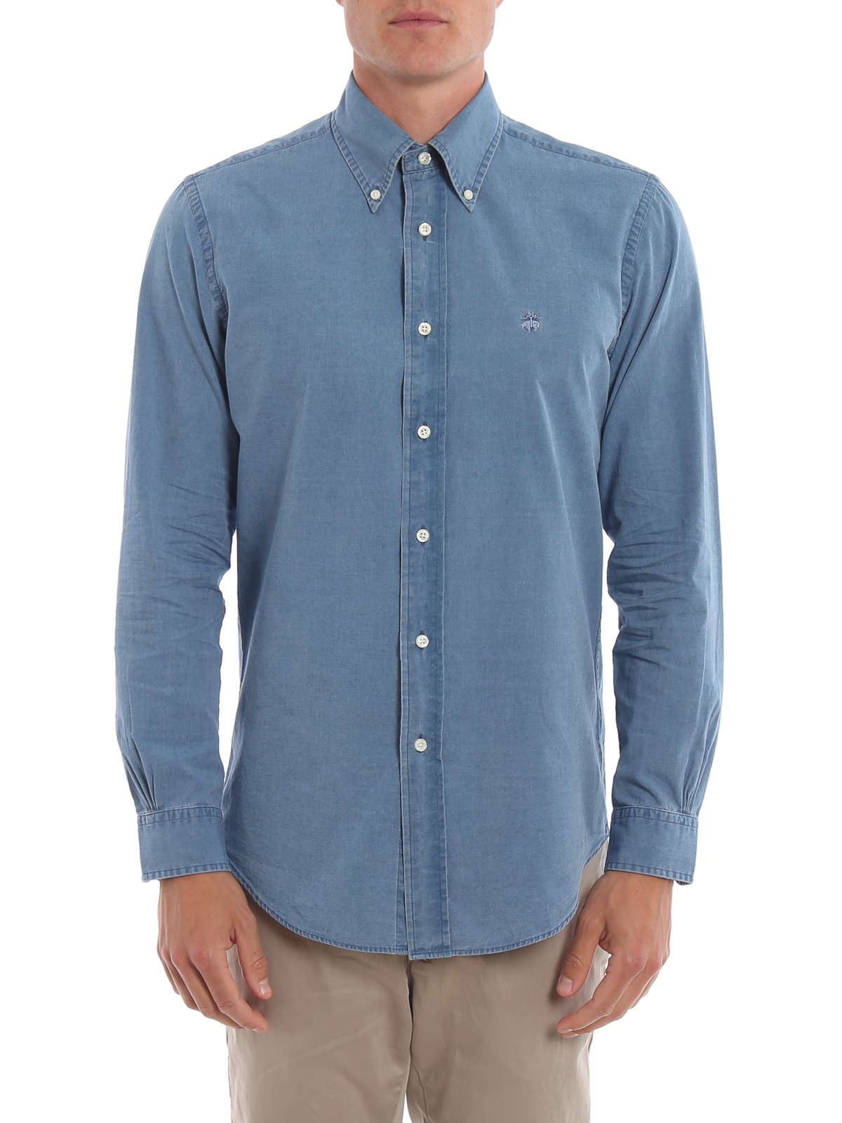 Brooks Brothers - Logo embroidery light blue cotton shirt - shirts ...