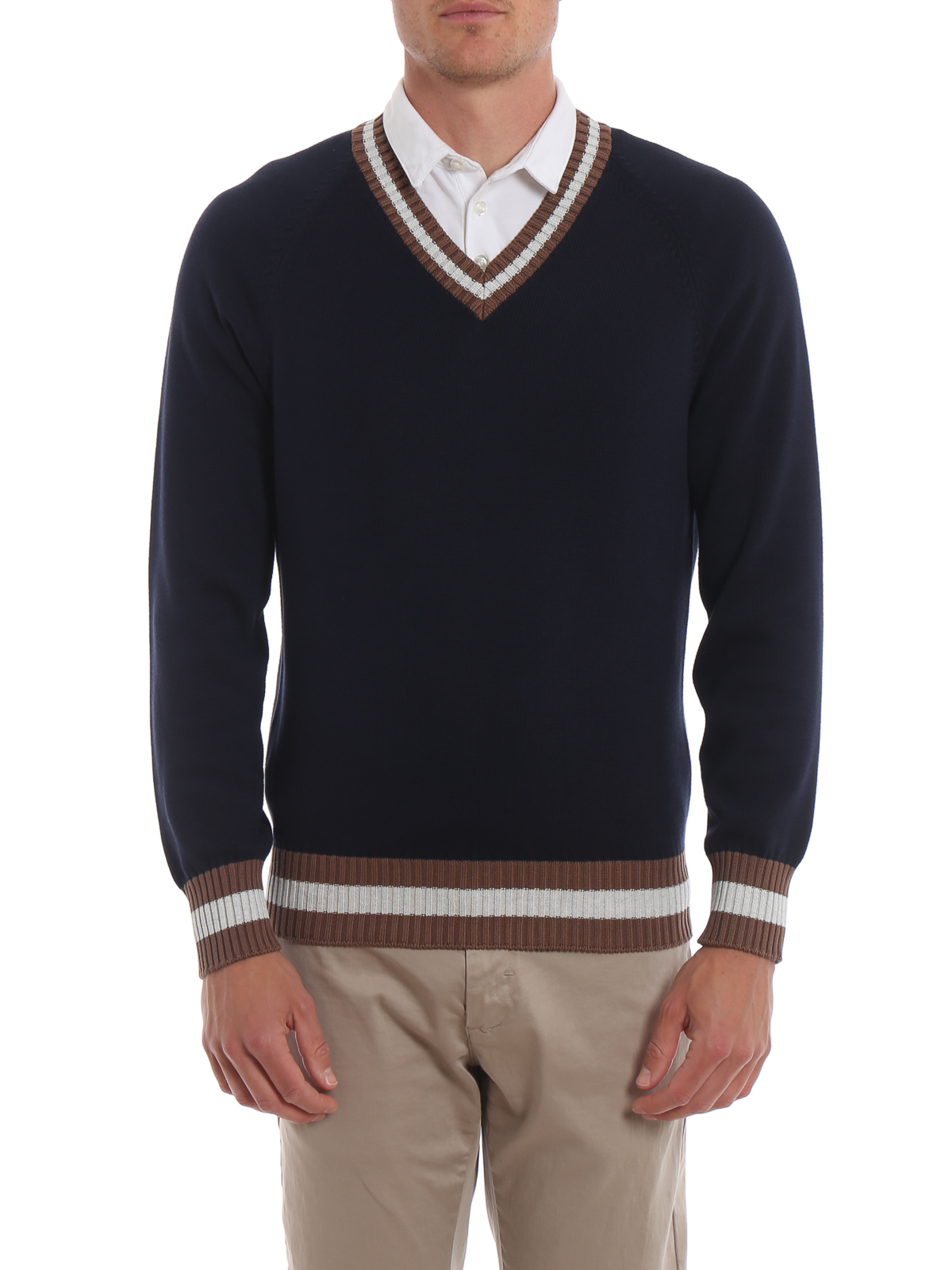 V necks Brunello Cucinelli - Cotton sweater with striped edges 