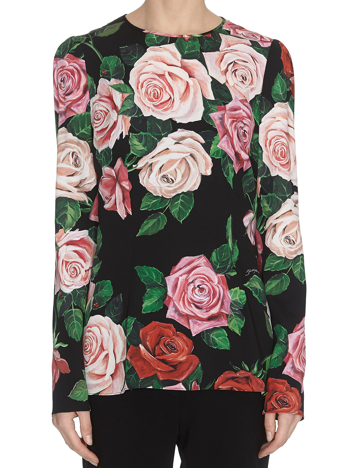 Rose print silk long sleeve blouse 