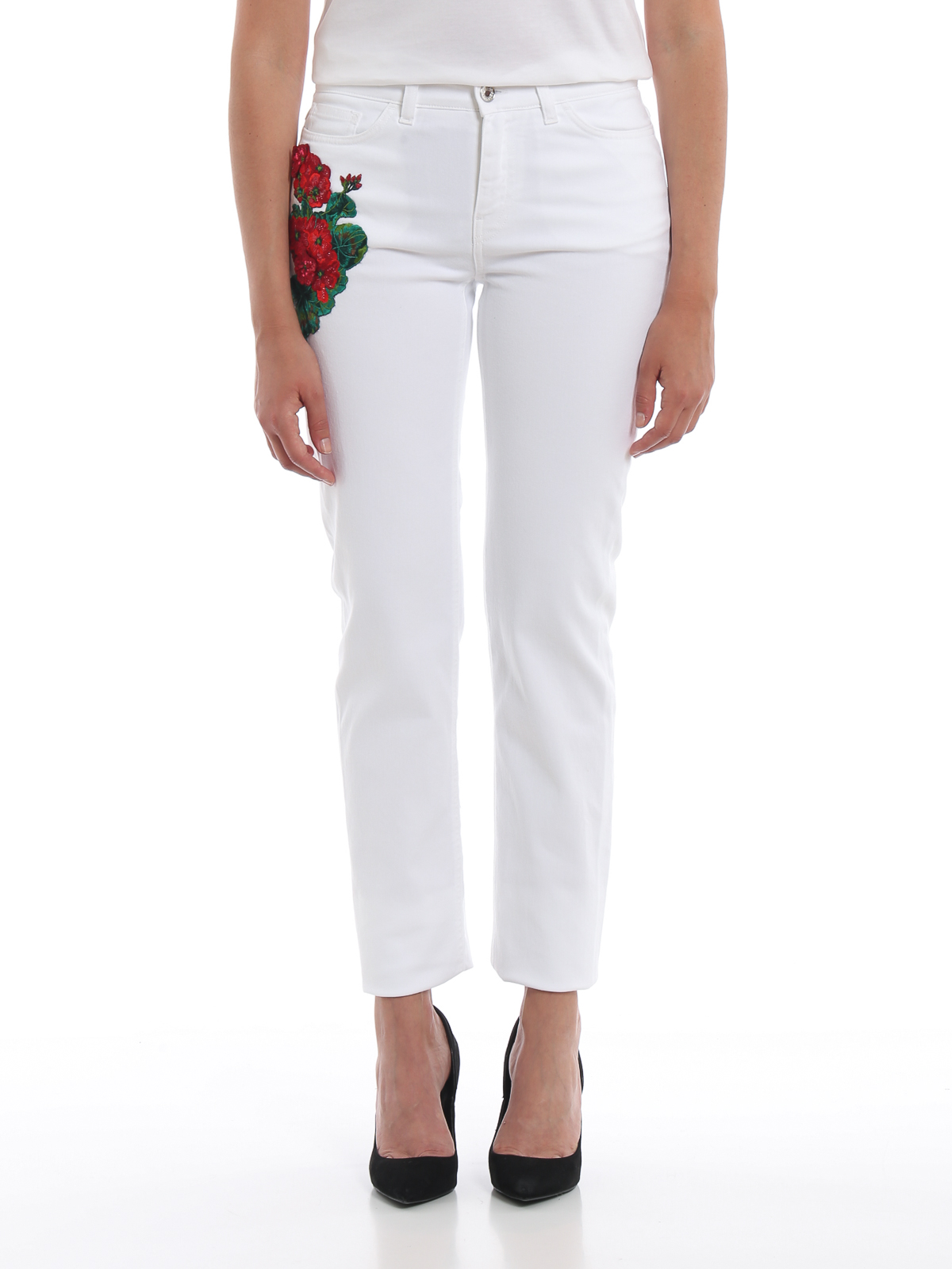 Girly floral embroidered white jeans 