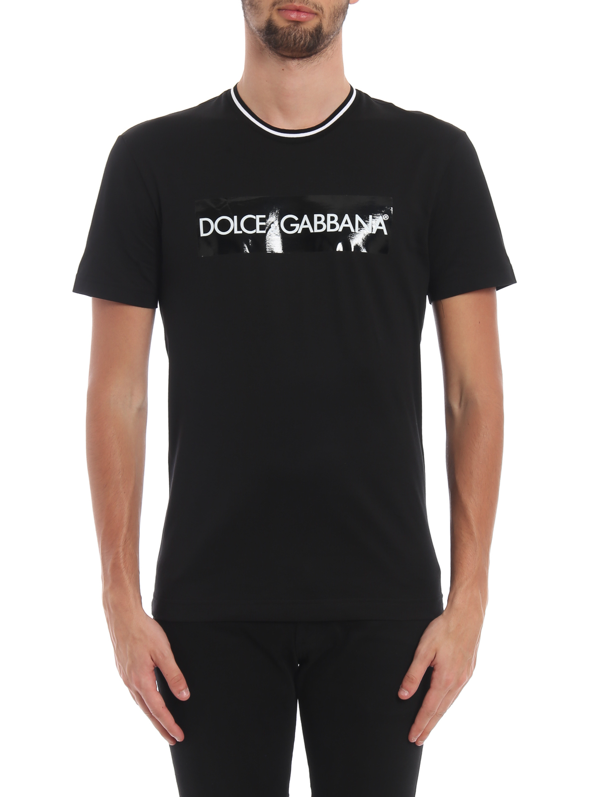 Parelachtig grillen . T-shirts Dolce & Gabbana - Glossy logo tape black T-shirt - G8KD0TFU7EQN0000