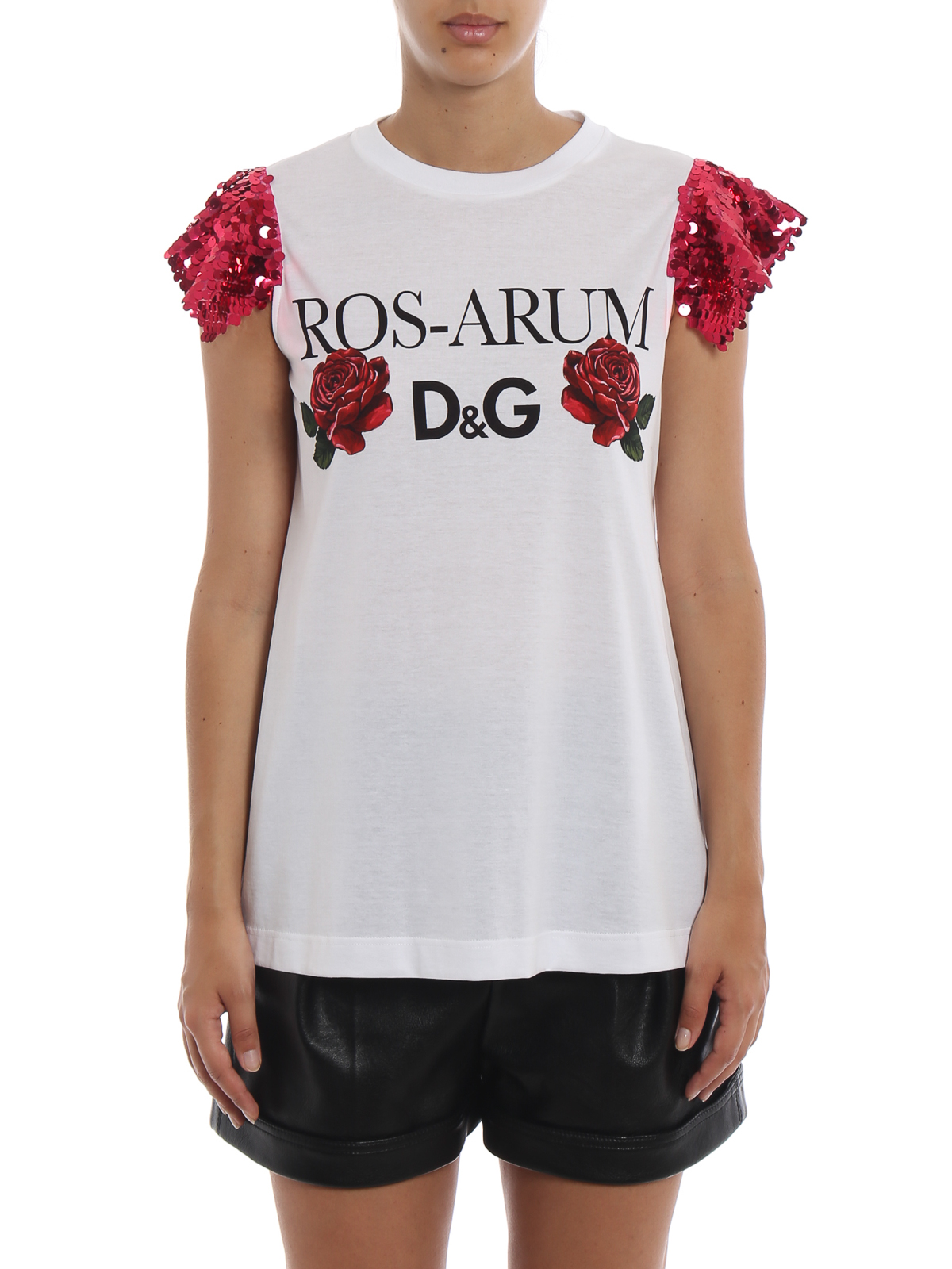 T-shirts Dolce & Gabbana - Sequined sleeve rose print T-shirt -  F8K68TG7OXUHWS18