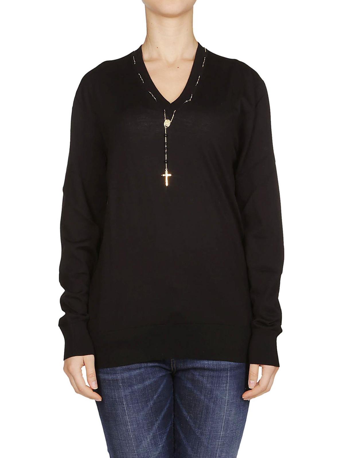 Rosary detailed wool V-neck sweater 