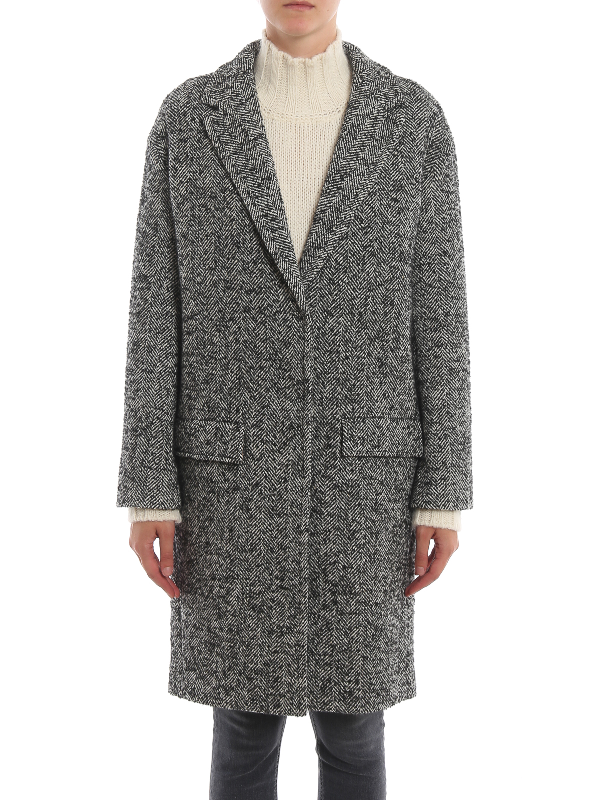 Dondup - Herringbone merino wool coat - knee length coats ...