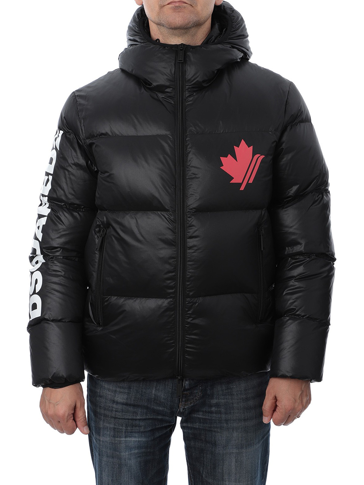 Maple leaf and logo print puffer jacket 