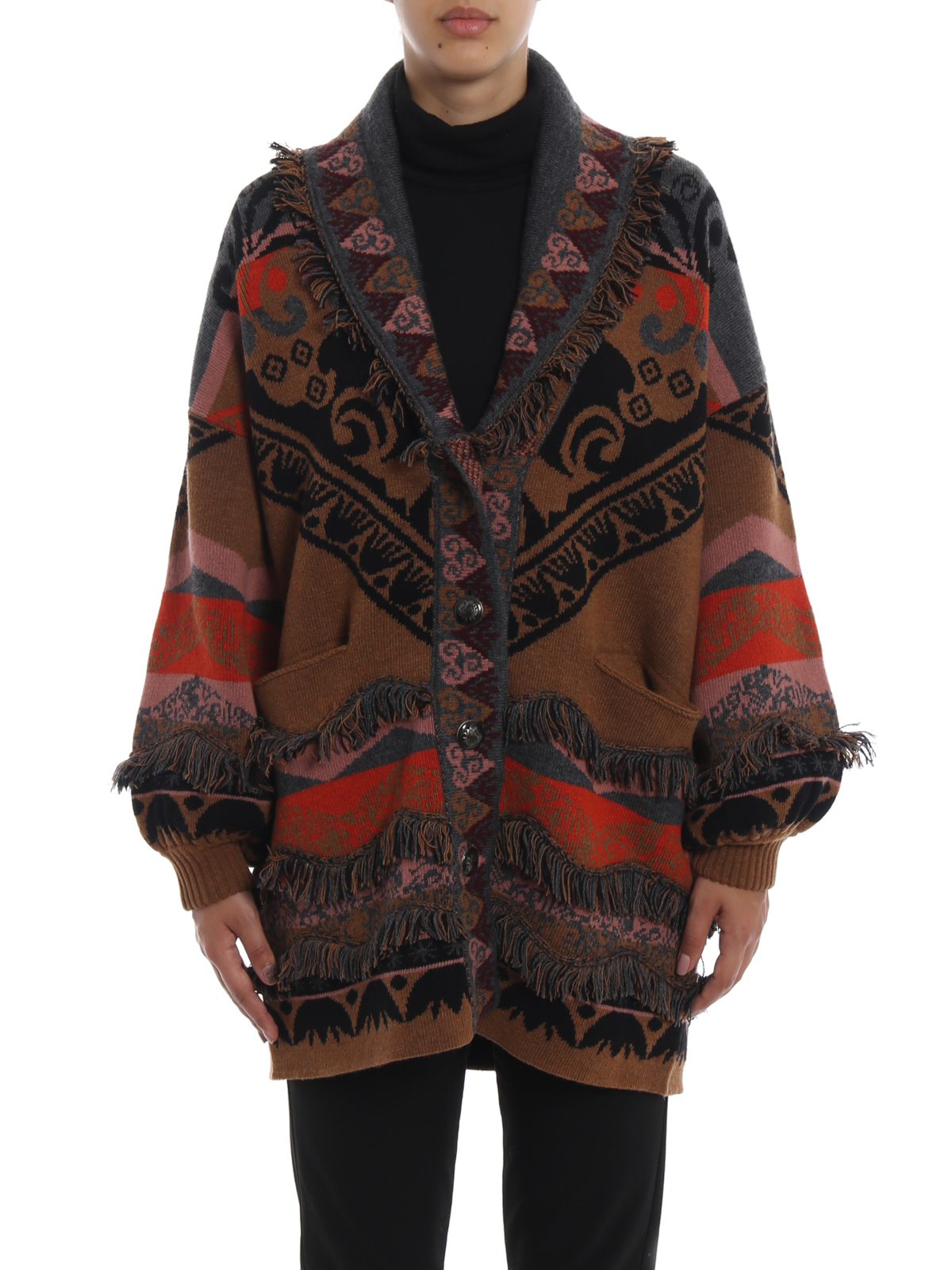 Intarsia knitted wool fringed maxi 