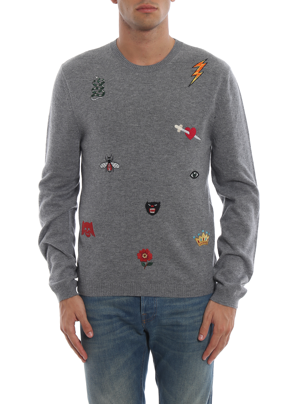 Crew necks Gucci - Grey knit wool embroidered sweater 