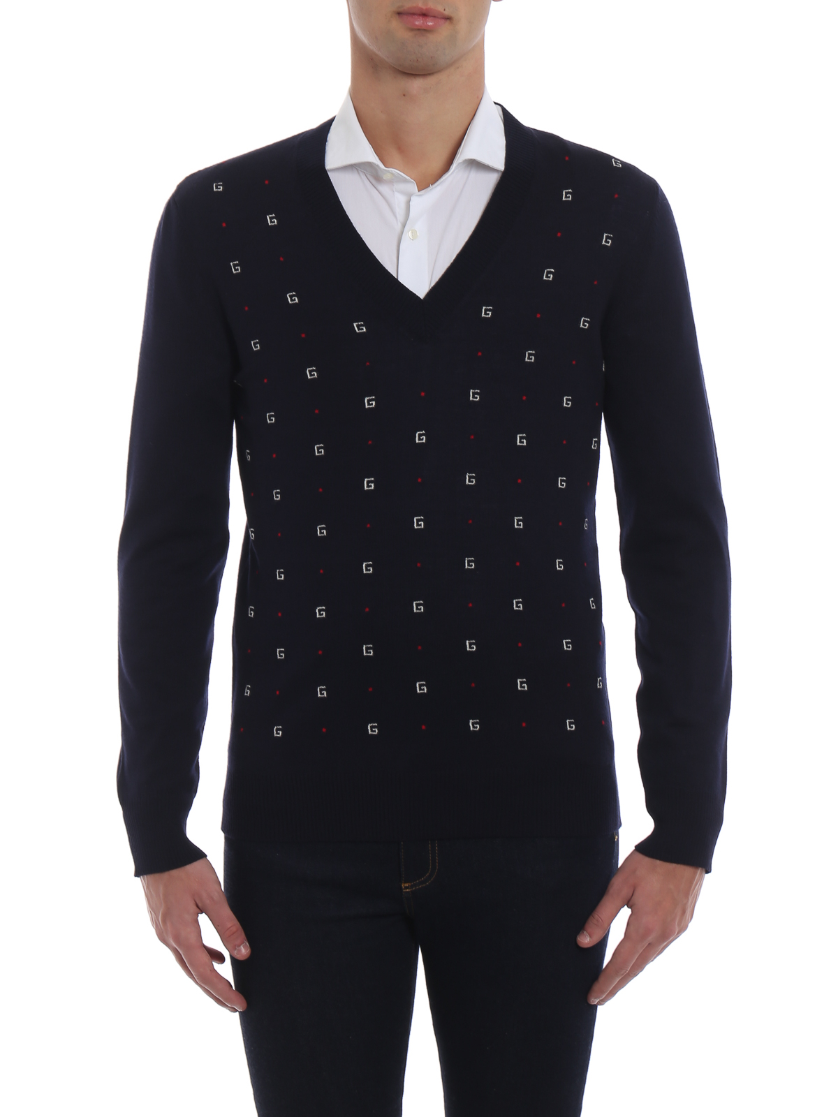 Gucci G Intarsia Navy Blue Wool Sweater یقه هفت xkabl4696