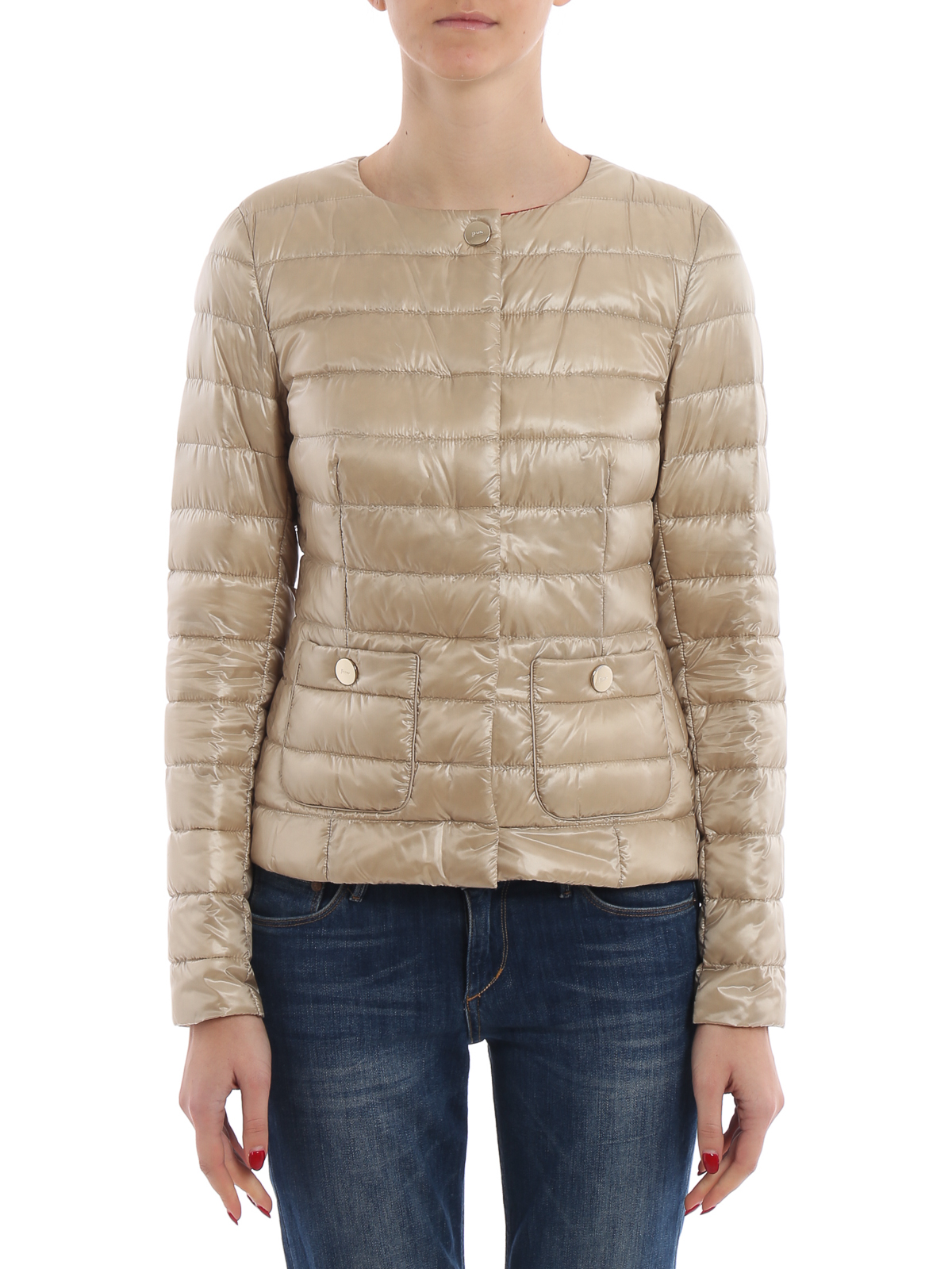 per una padded collarless puffer jacket