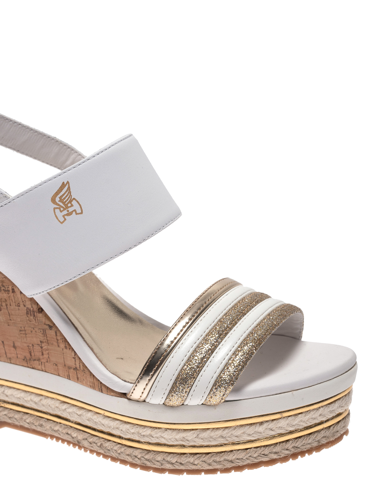 White leather and gold glitter wedge 