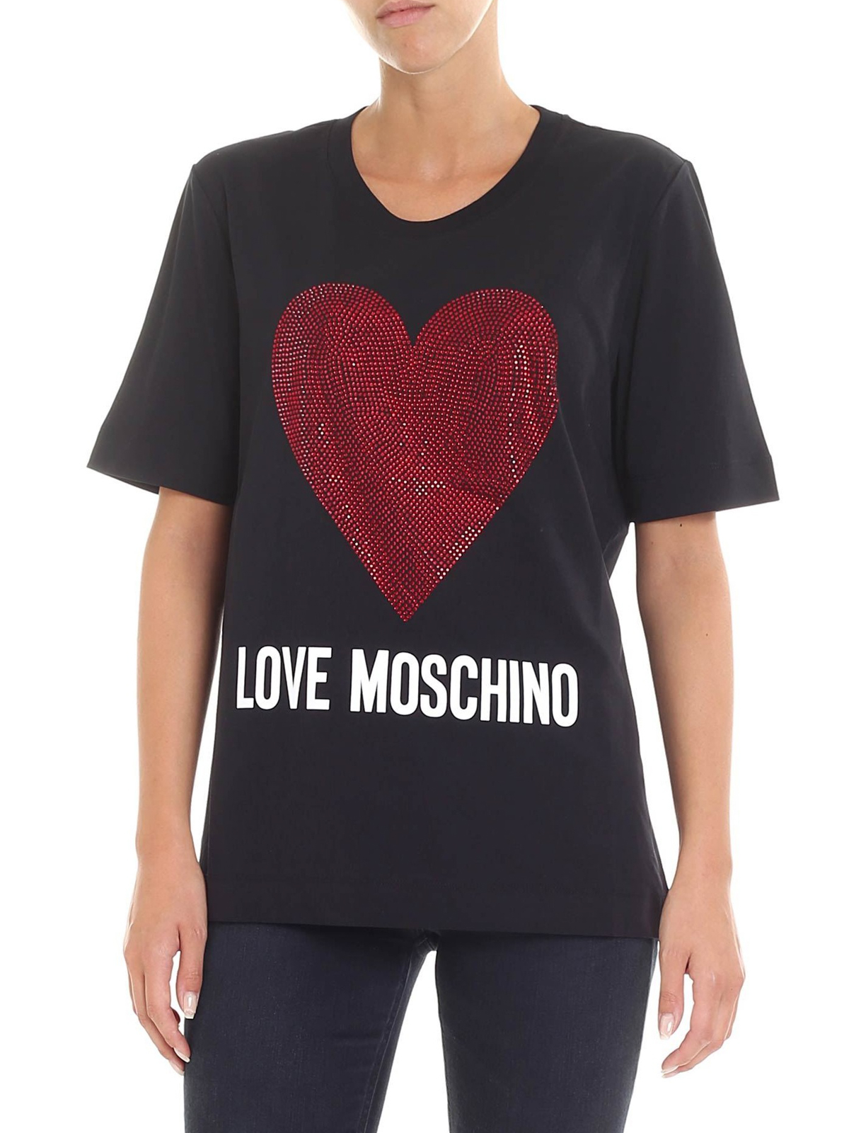T-shirts Love Moschino - Rhinestones heart logo print cotton T-shirt -  W4F1565M3517C74